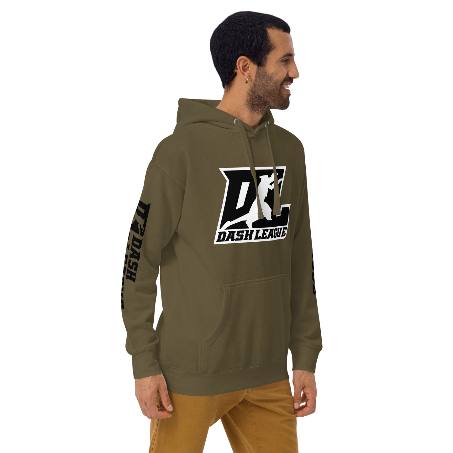 Sudadera unisex negra con logotipo DL en contorno blanco (parte delantera y mangas)