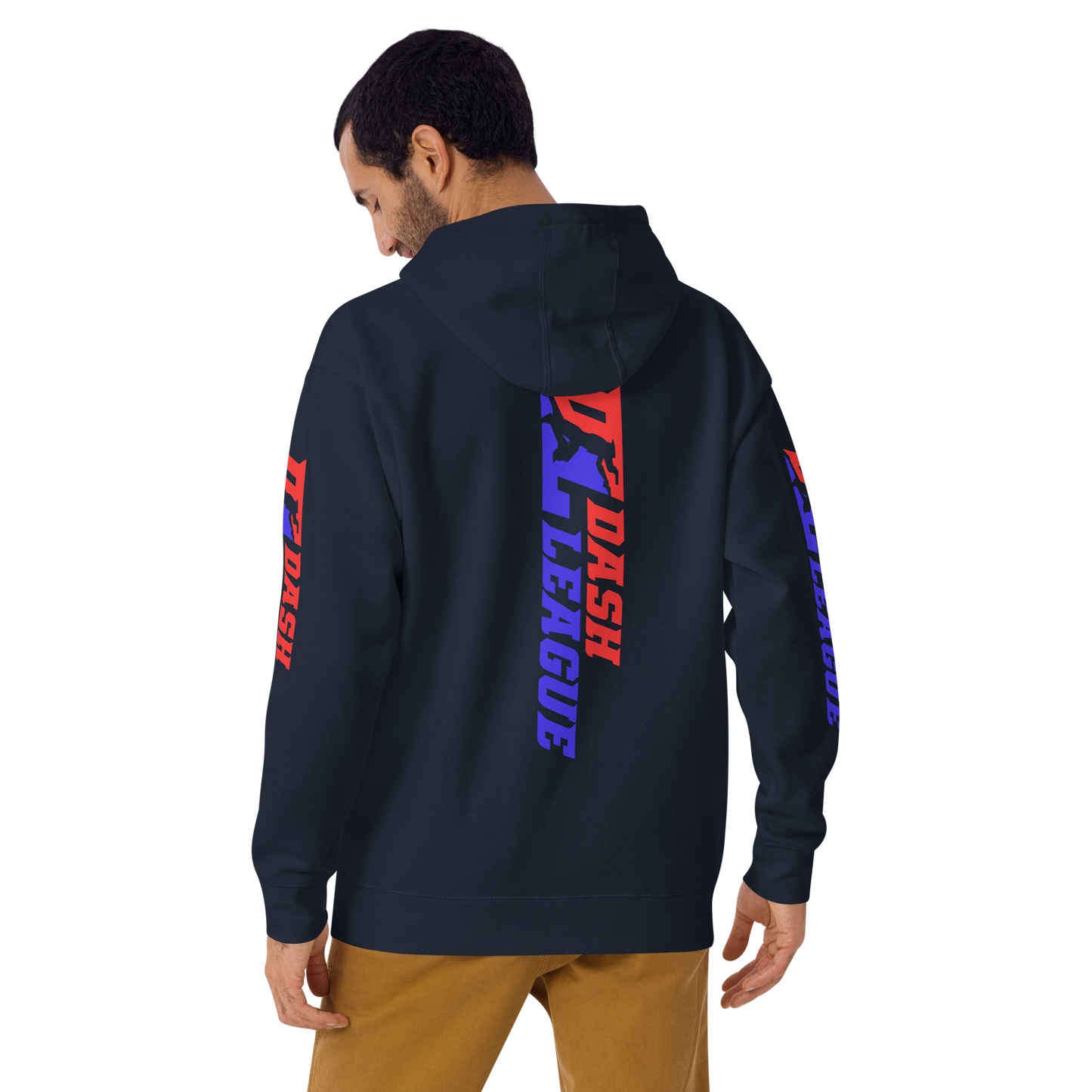 Sudadera unisex con capucha y logotipo DL de color ancho (parte delantera, trasera y mangas)
