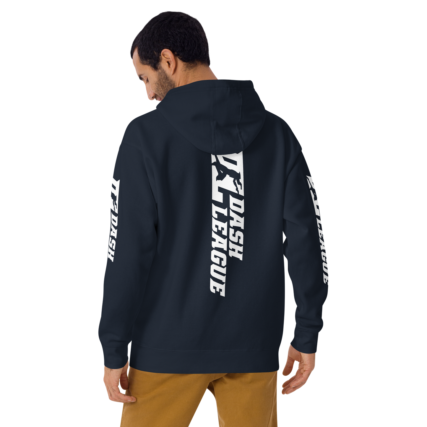 Sudadera unisex con capucha blanca y logotipo DL ancho (parte delantera, trasera y mangas)