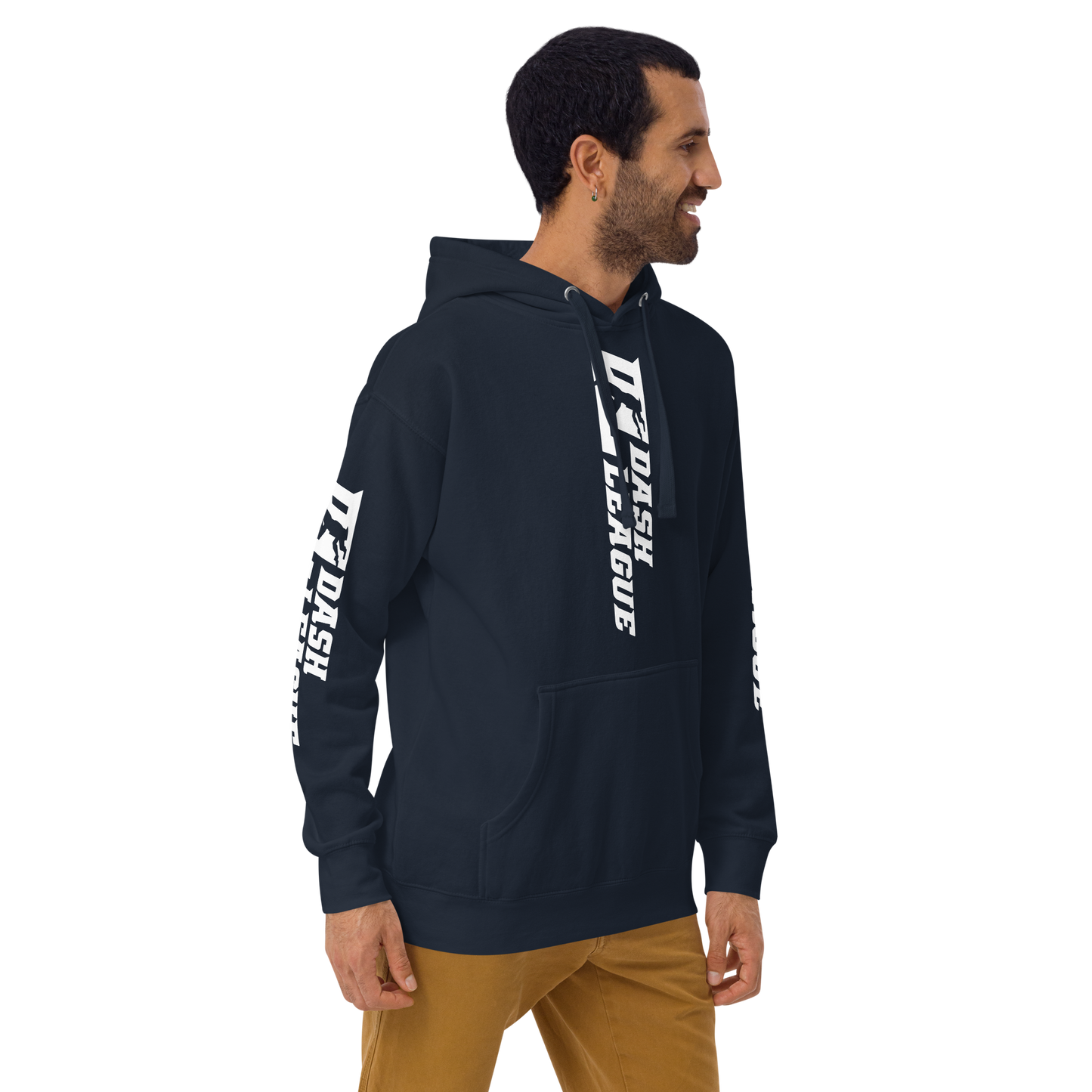 Sudadera unisex con capucha blanca y logotipo DL ancho (parte delantera, trasera y mangas)