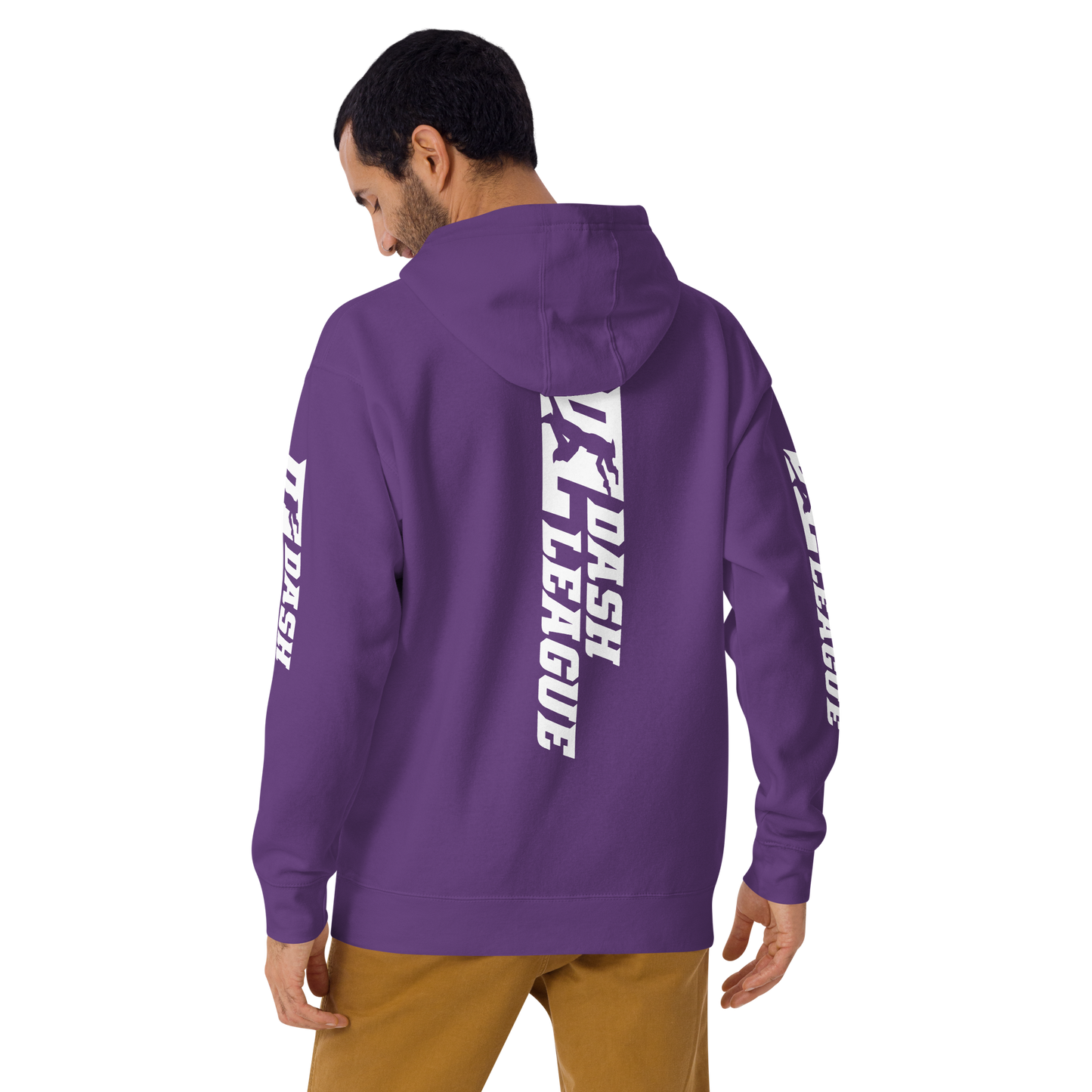 Sudadera unisex con capucha blanca y logotipo DL ancho (parte delantera, trasera y mangas)
