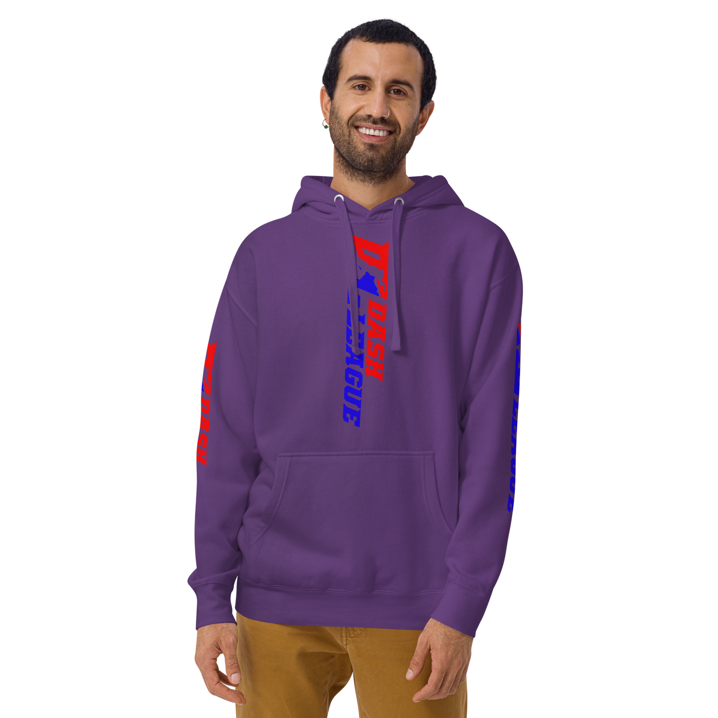Sudadera unisex con capucha y logotipo DL de color ancho (parte delantera, trasera y mangas)