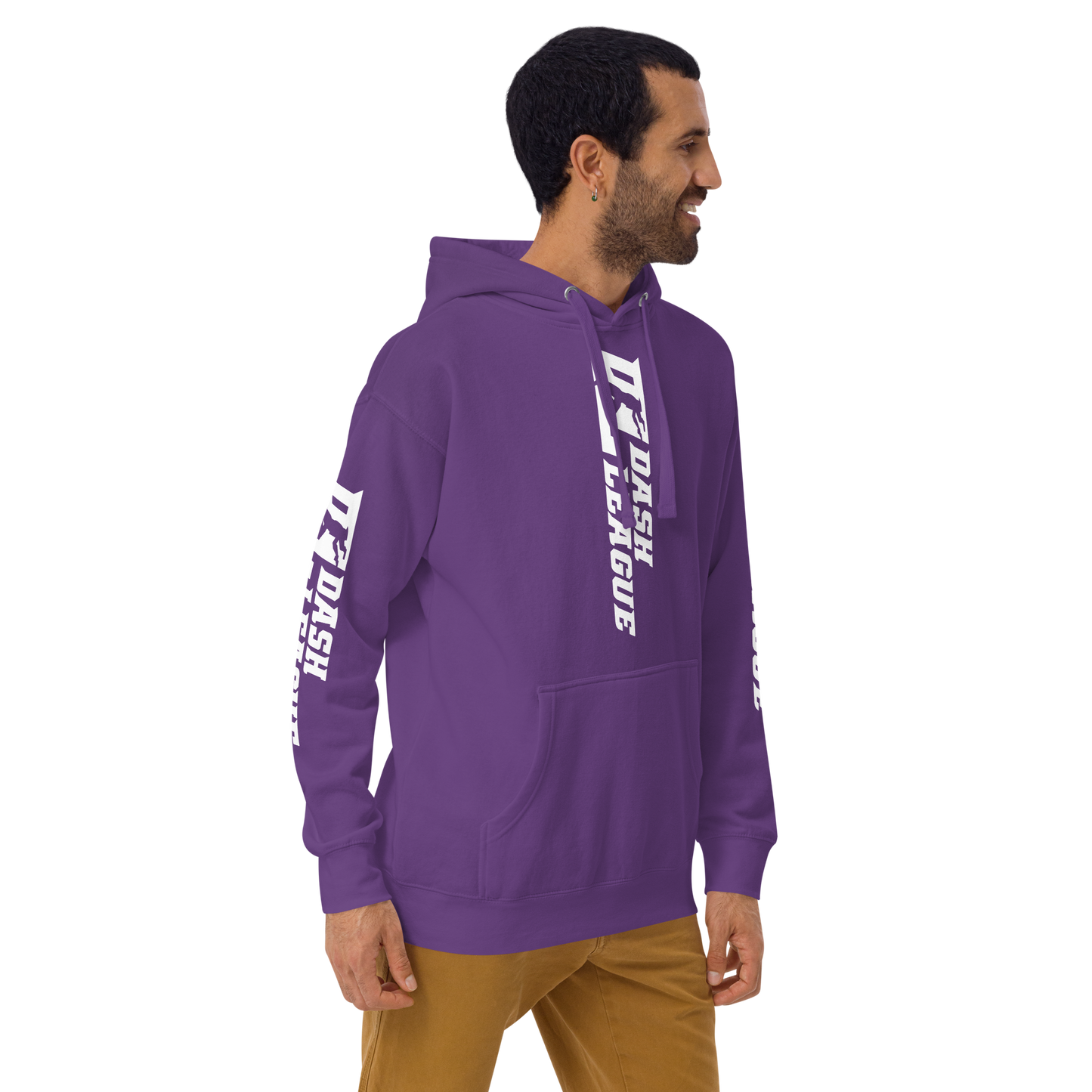 Sudadera unisex con capucha blanca y logotipo DL ancho (parte delantera, trasera y mangas)