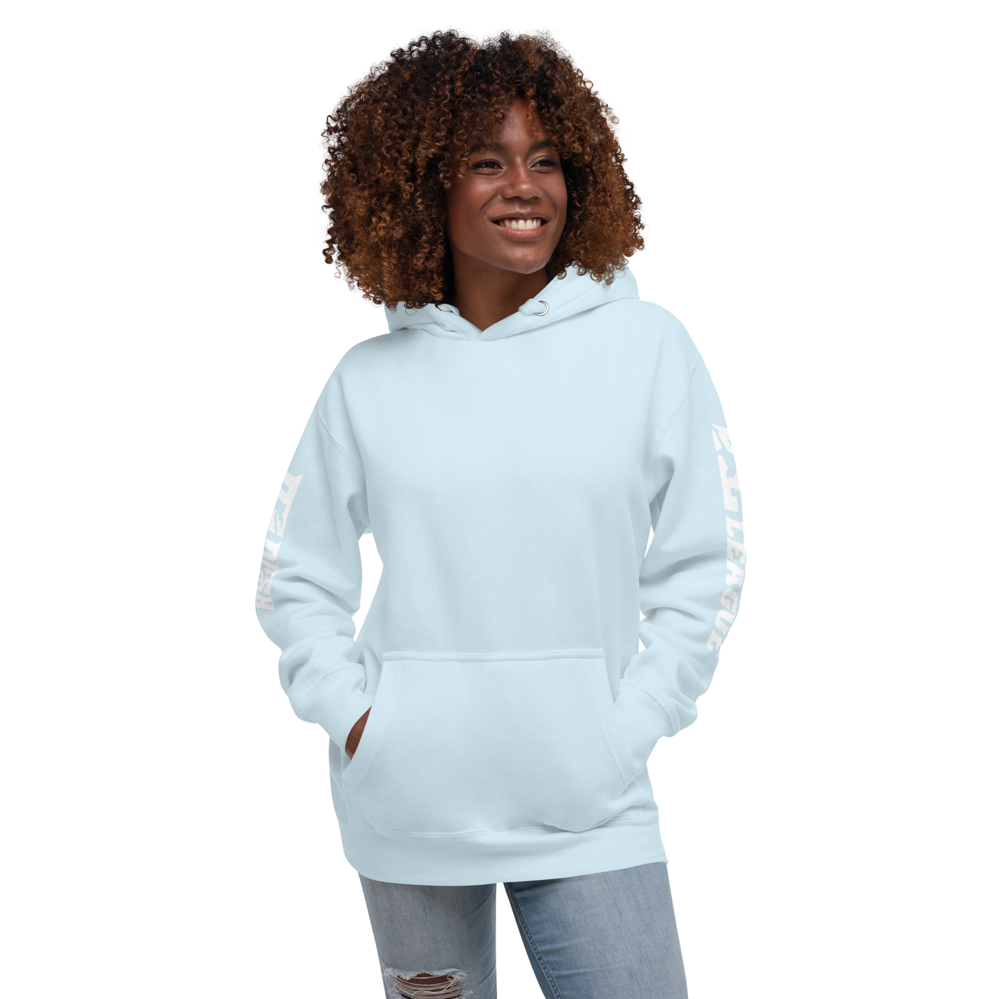 Sweat à capuche unisexe blanc avec logo DL large (manches)