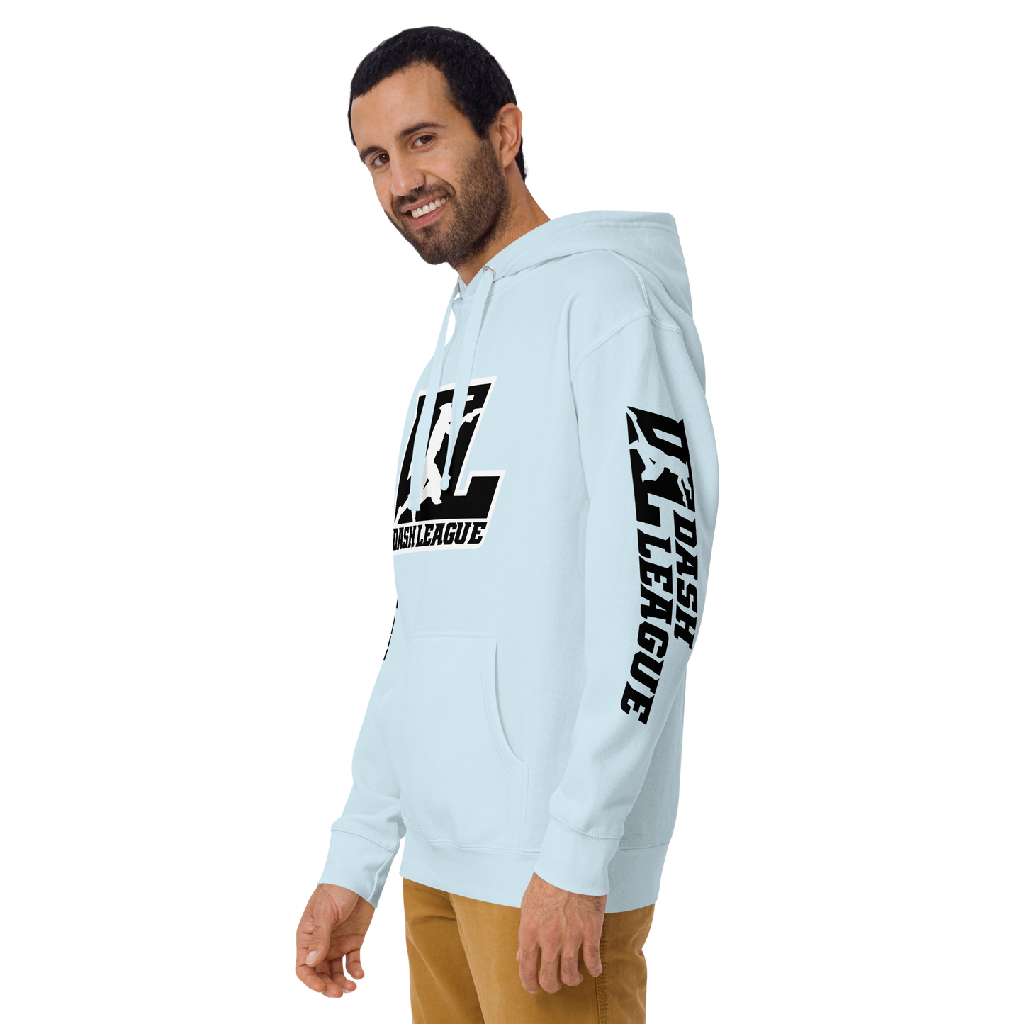 Sudadera unisex negra con logotipo DL en contorno blanco (parte delantera y mangas)