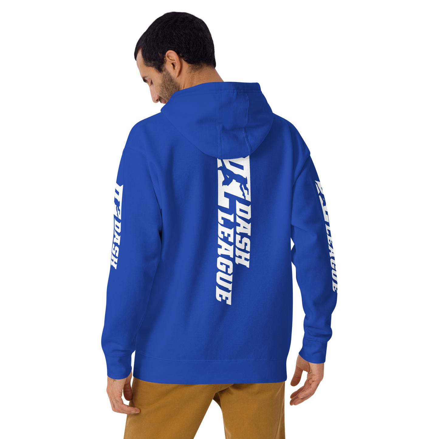 Sudadera unisex con capucha blanca y logotipo DL ancho (parte delantera, trasera y mangas)