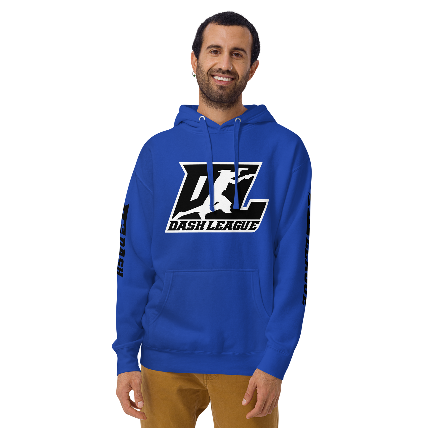 Sudadera unisex negra con logotipo DL en contorno blanco (parte delantera y mangas)