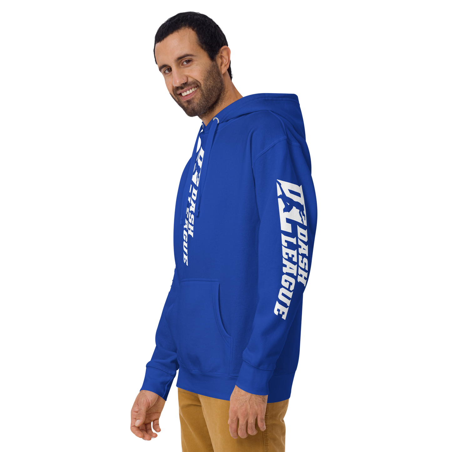 Sudadera unisex con capucha blanca y logotipo DL ancho (parte delantera, trasera y mangas)