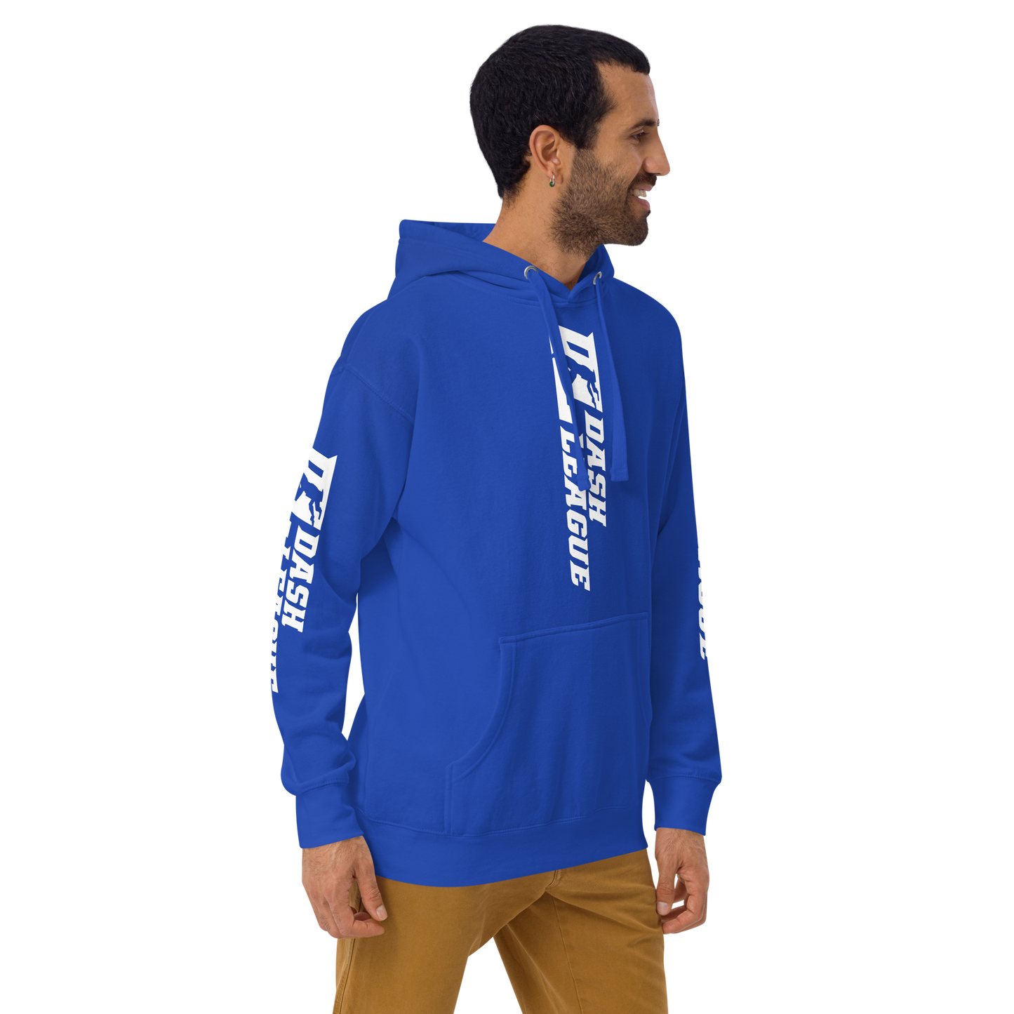 Sudadera unisex con capucha blanca y logotipo DL ancho (parte delantera, trasera y mangas)