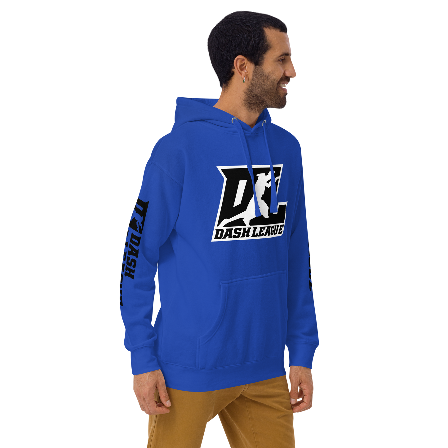 Sudadera unisex negra con logotipo DL en contorno blanco (parte delantera y mangas)