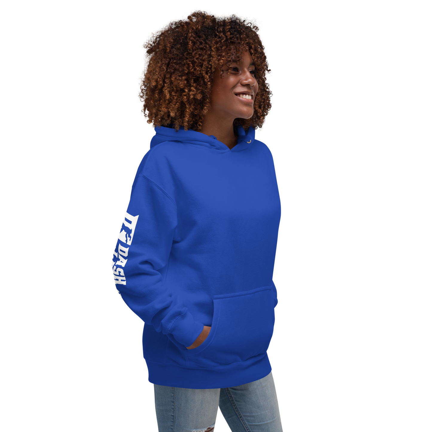 Sweat à capuche unisexe blanc avec logo DL large (manches)