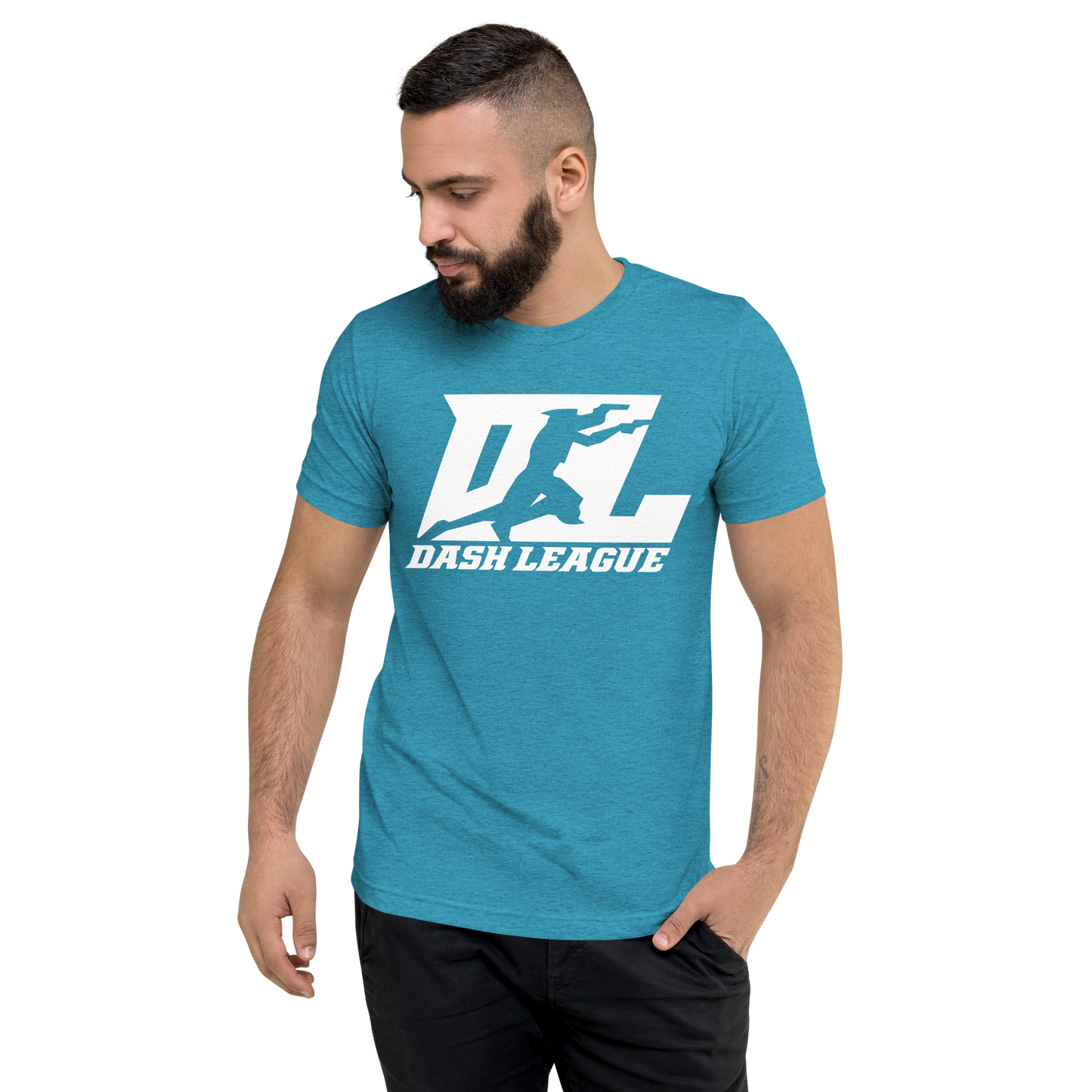 Camisa unisex de mezcla de tres materiales con logotipo DL blanco (parte delantera y trasera)