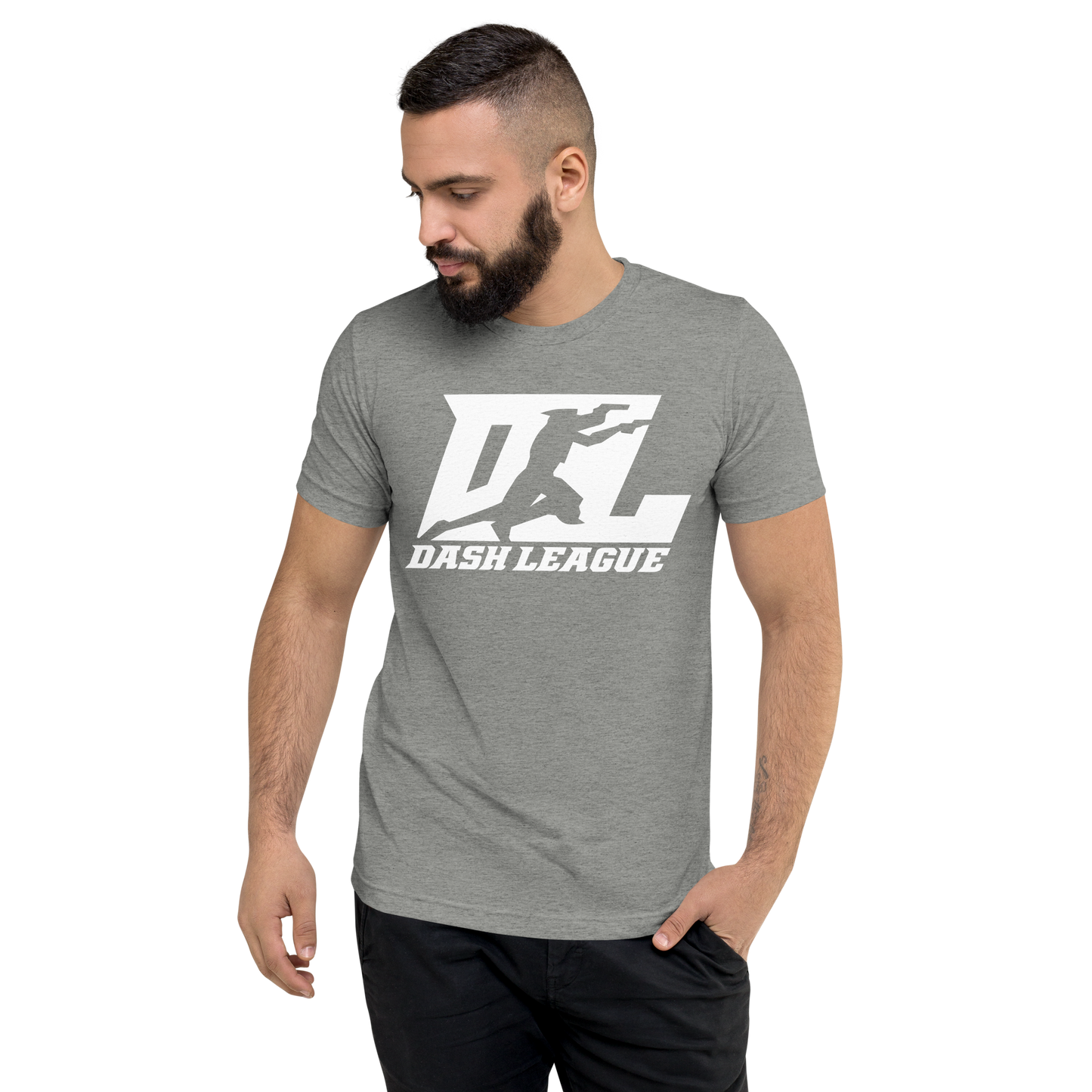 Camisa unisex de mezcla de tres materiales con logotipo DL blanco (parte delantera y trasera)