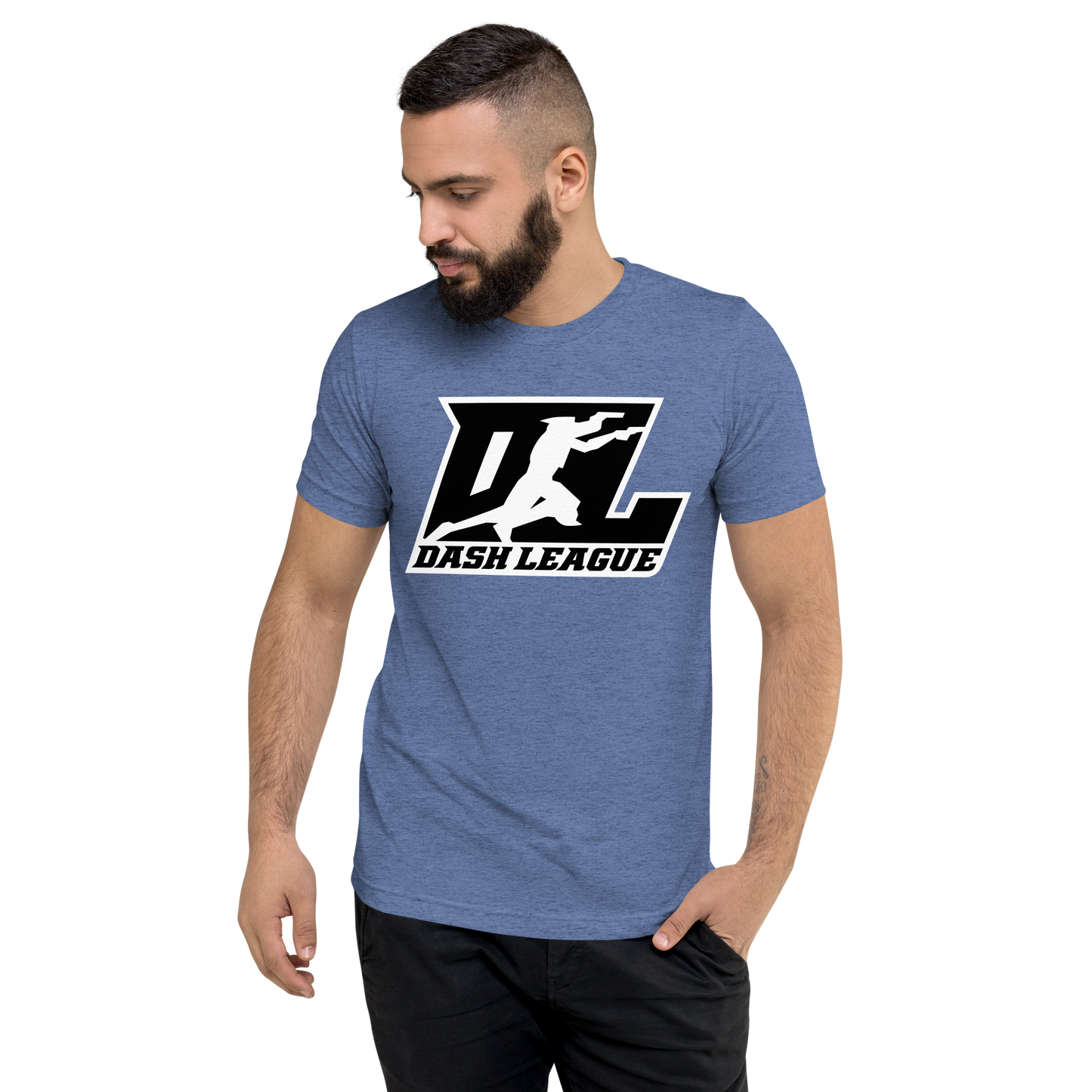 Camisa unisex de mezcla de tres colores, negra con logotipo DL en contorno blanco (parte delantera y trasera)