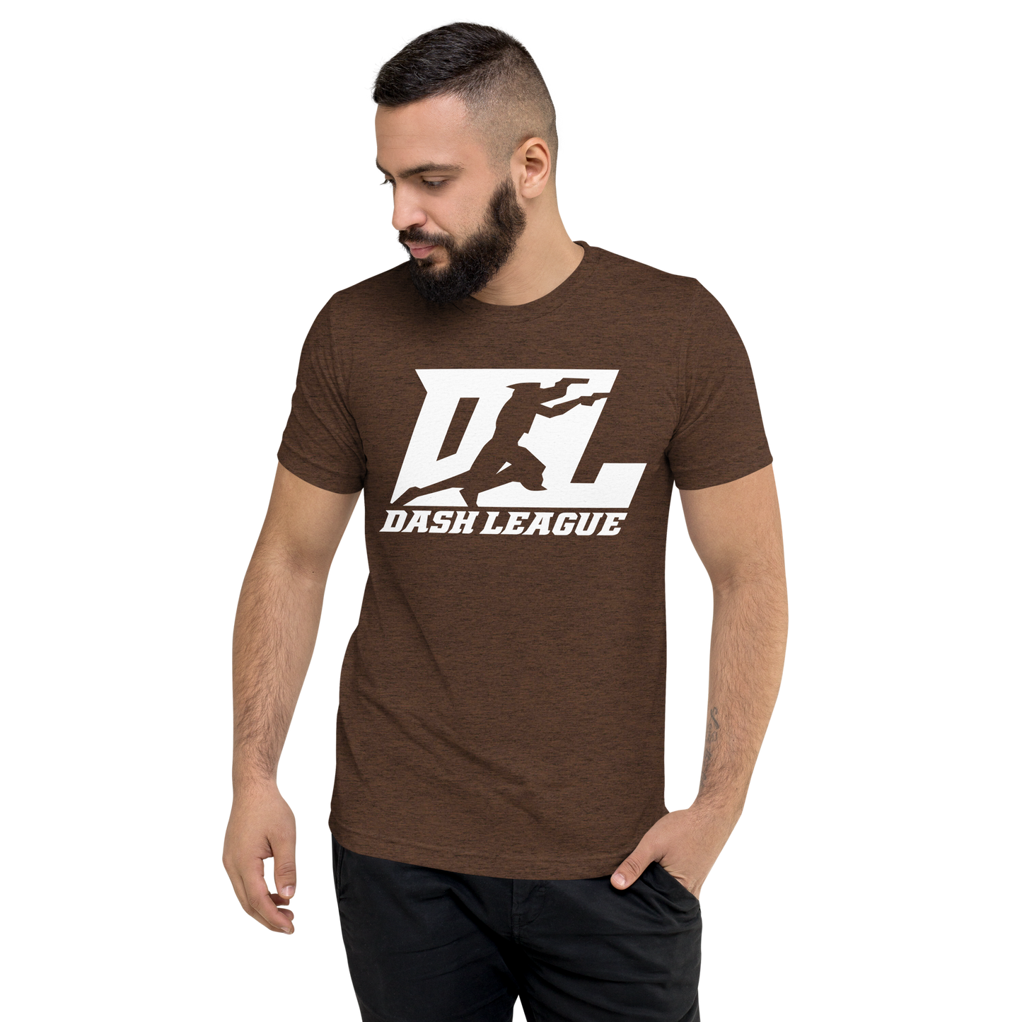 Camisa unisex de mezcla de tres materiales con logotipo DL blanco (parte delantera y trasera)
