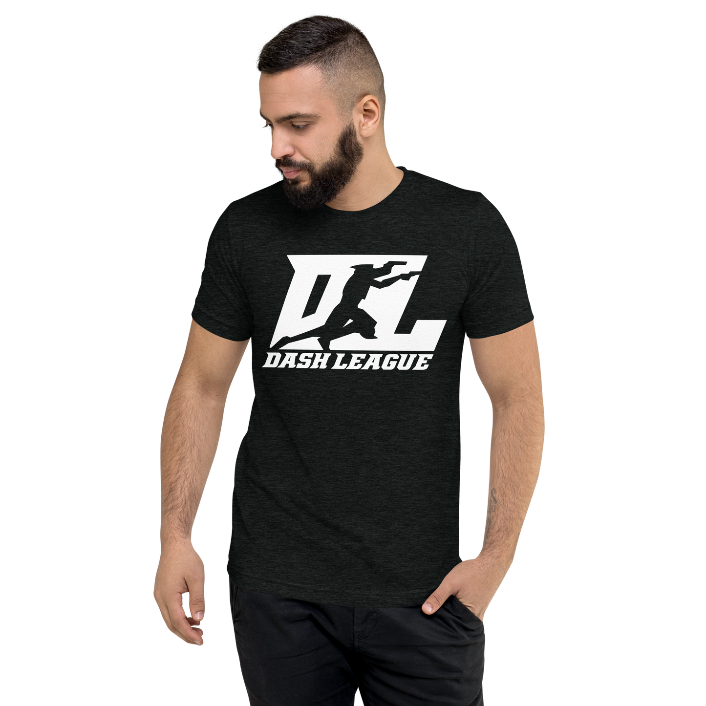 Camisa unisex de mezcla de tres materiales con logotipo DL blanco (parte delantera y trasera)