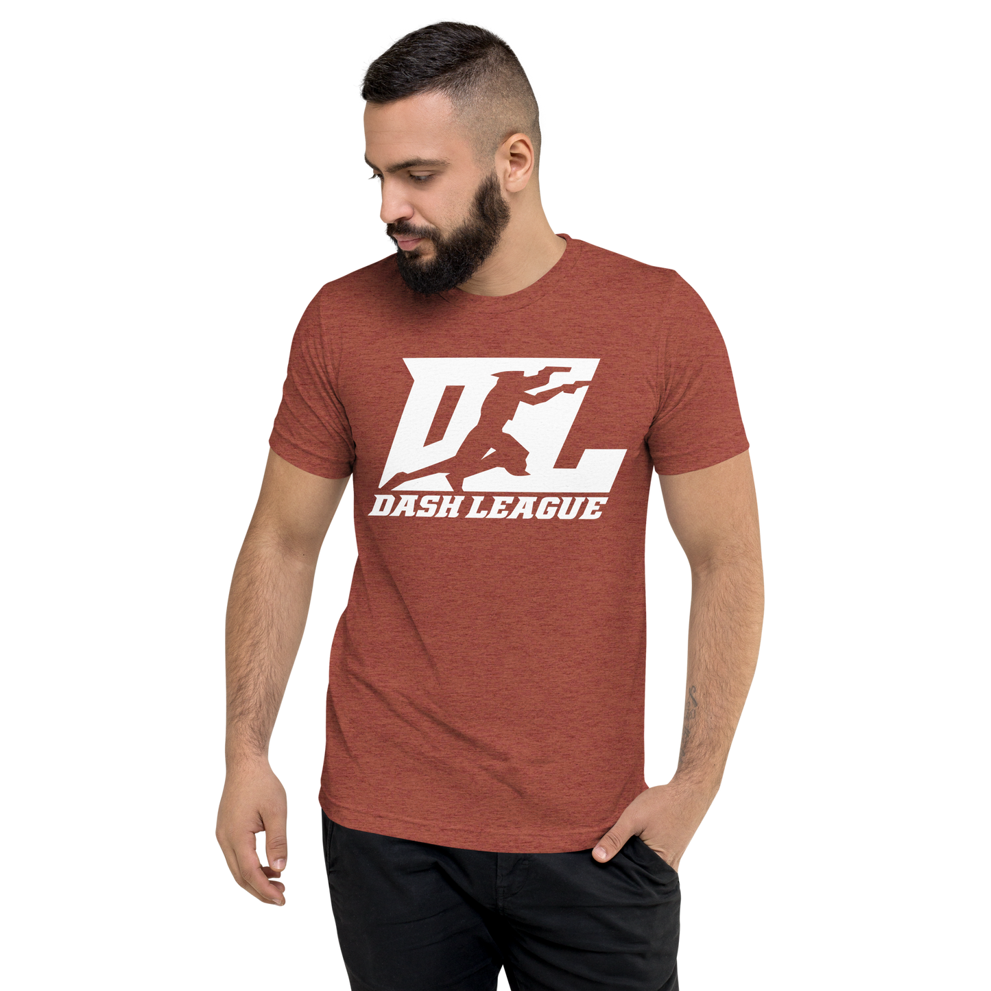 Camisa unisex de mezcla de tres materiales con logotipo DL blanco (parte delantera y trasera)