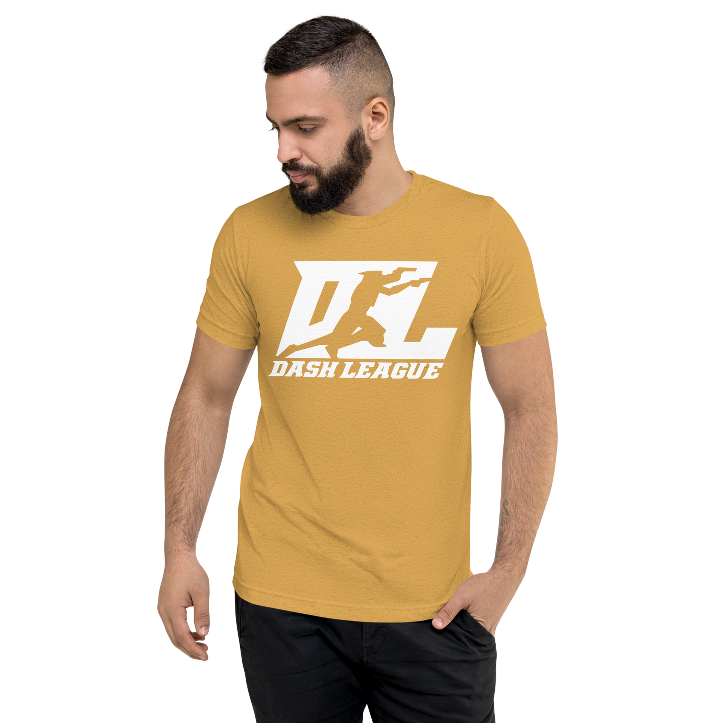 Camisa unisex de mezcla de tres materiales con logotipo DL blanco (parte delantera y trasera)