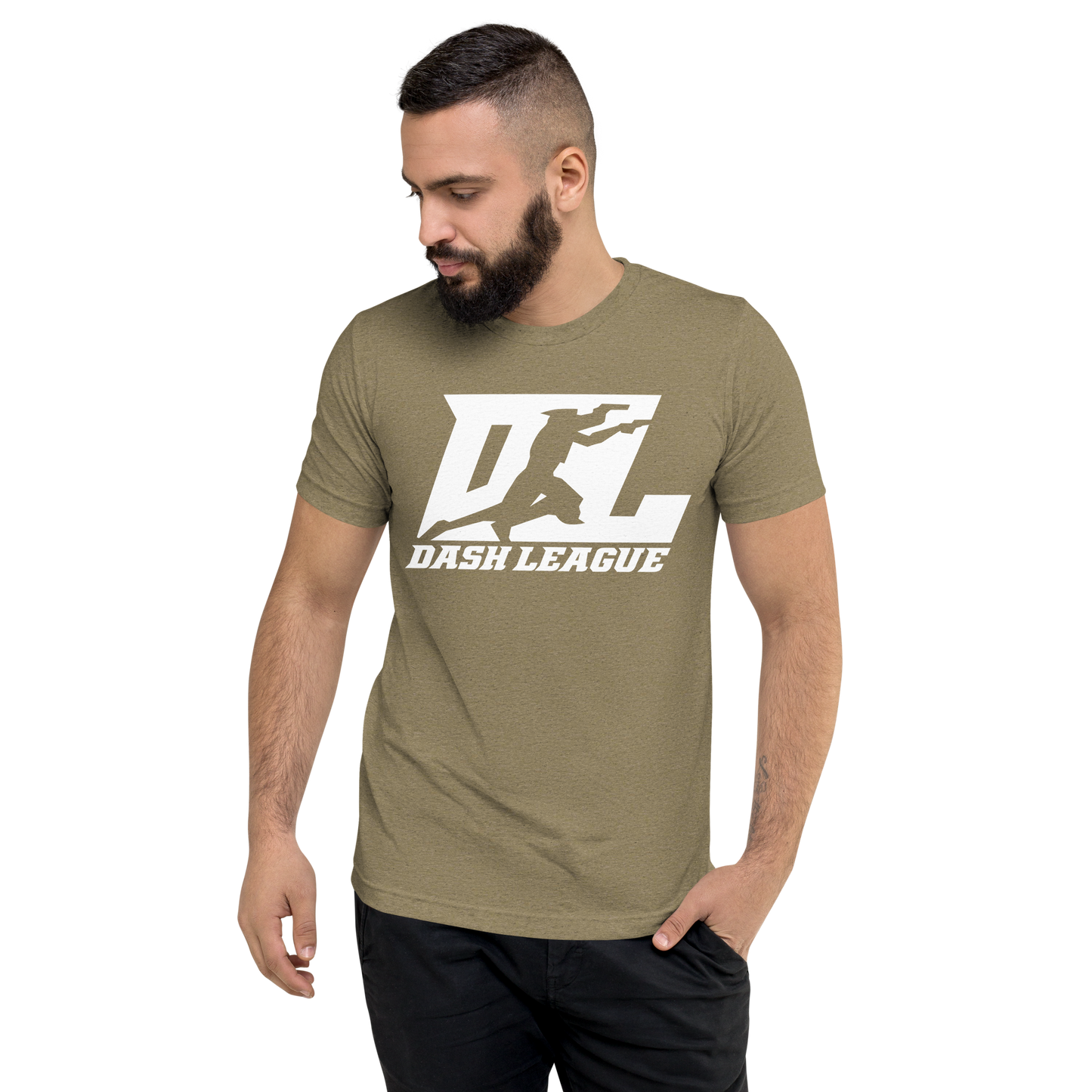 Camisa unisex de mezcla de tres materiales con logotipo DL blanco (parte delantera y trasera)