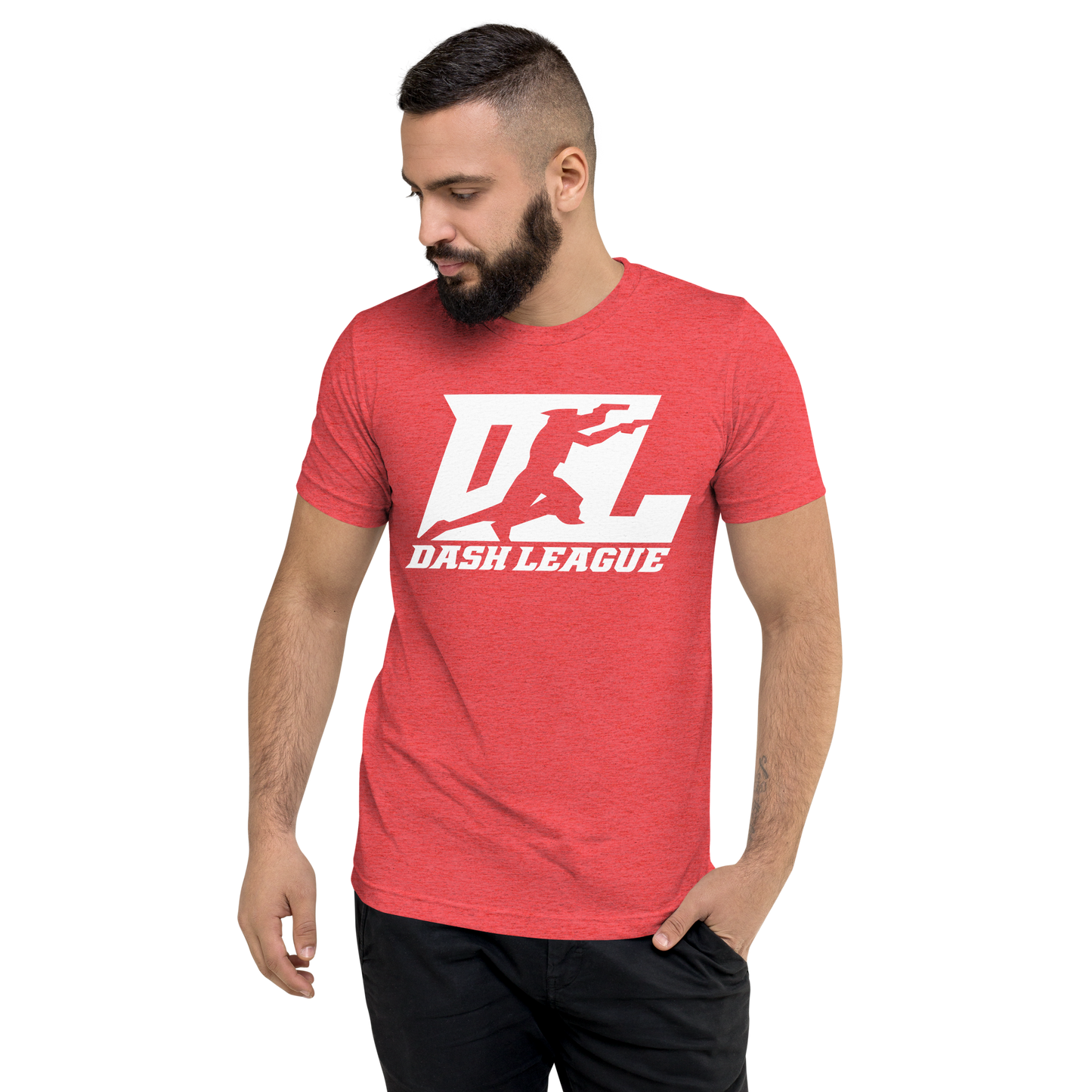 Camisa unisex de mezcla de tres materiales con logotipo DL blanco (parte delantera y trasera)