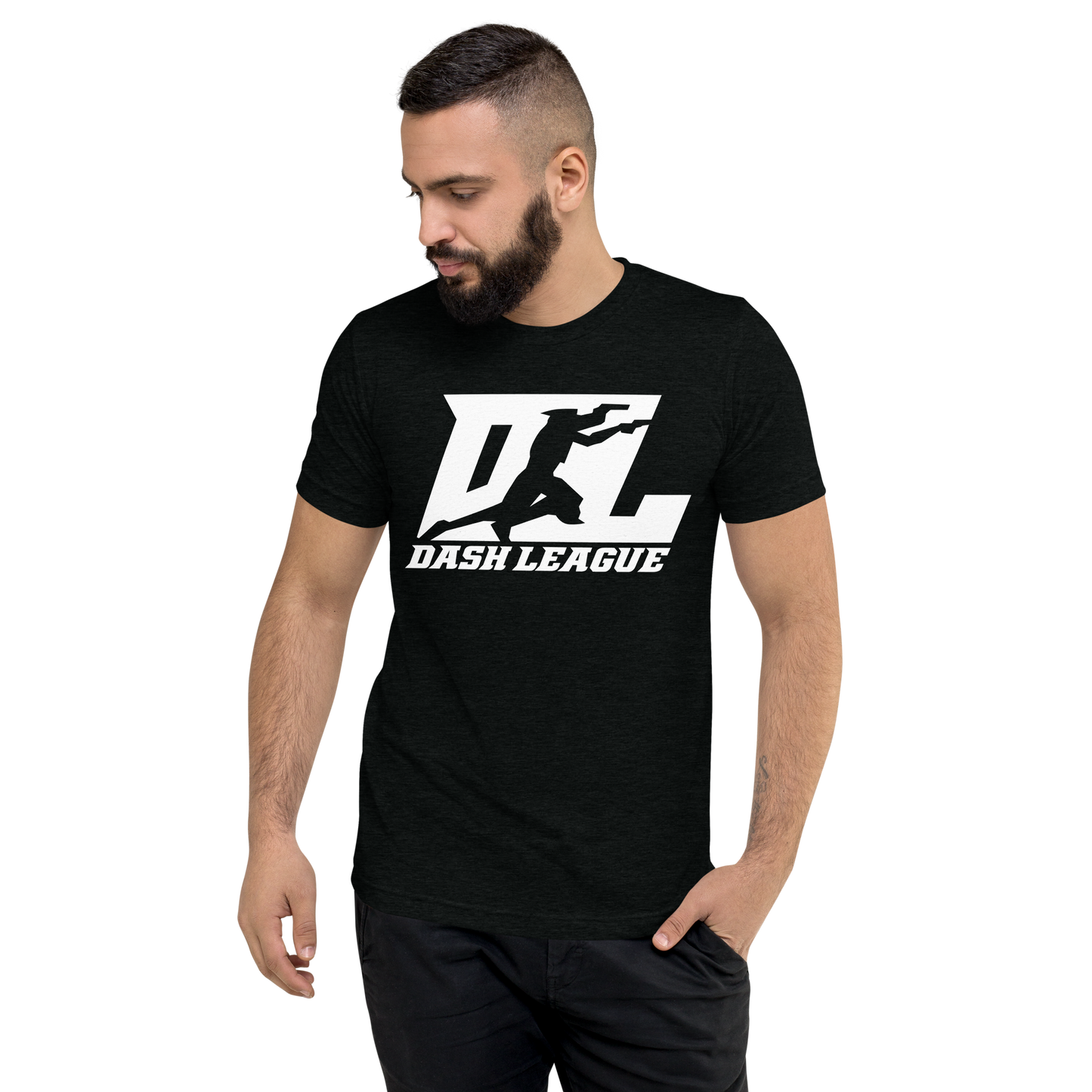 Camisa unisex de mezcla de tres materiales con logotipo DL blanco (parte delantera y trasera)