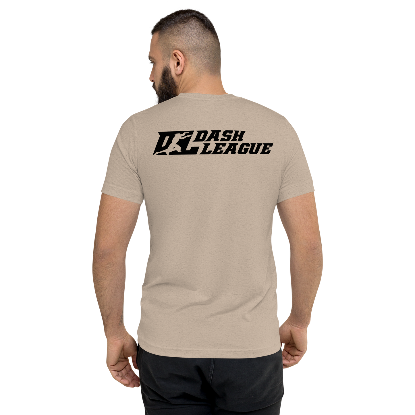 Camisa unisex de mezcla de tres colores, negra con logotipo DL en contorno blanco (parte delantera y trasera)