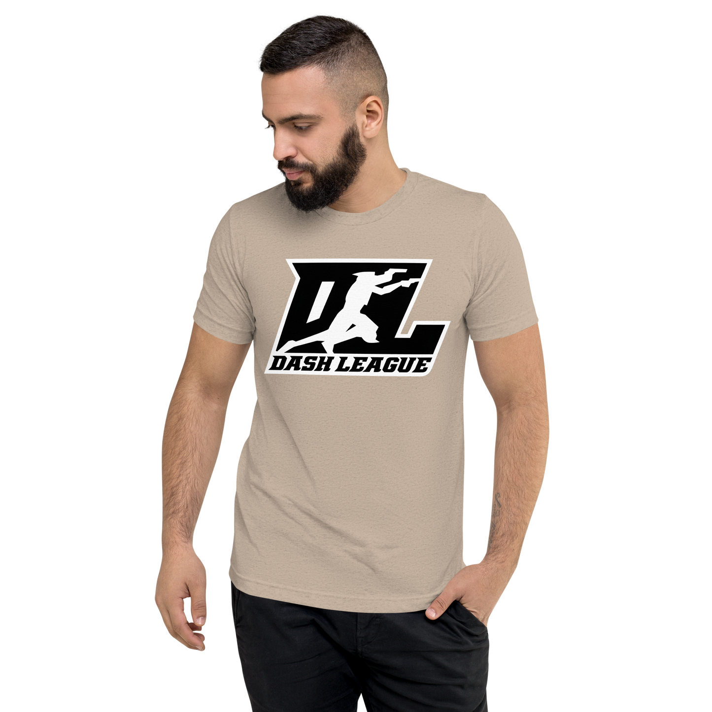 Camisa unisex de mezcla de tres colores, negra con logotipo DL en contorno blanco (parte delantera y trasera)