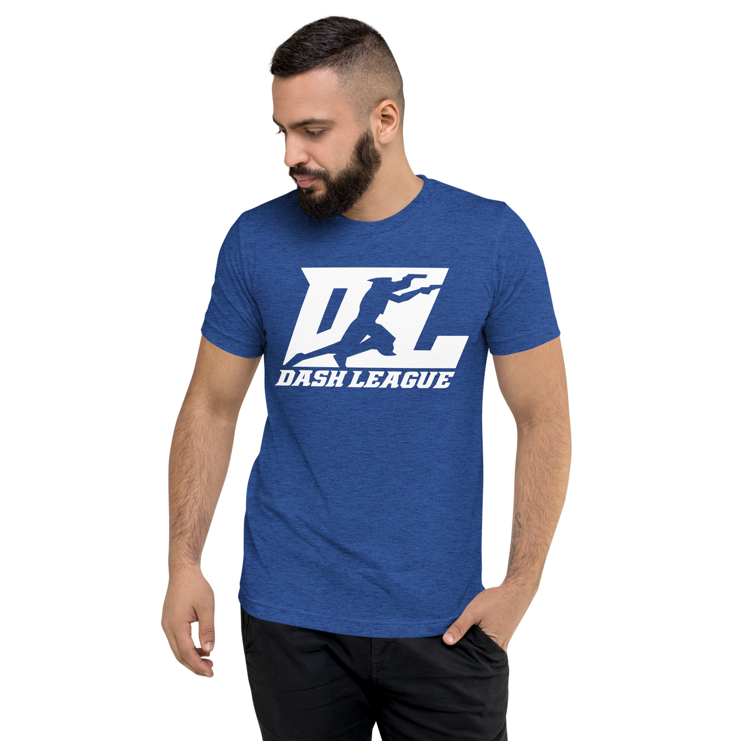 Camisa unisex de mezcla de tres materiales con logotipo DL blanco (parte delantera y trasera)
