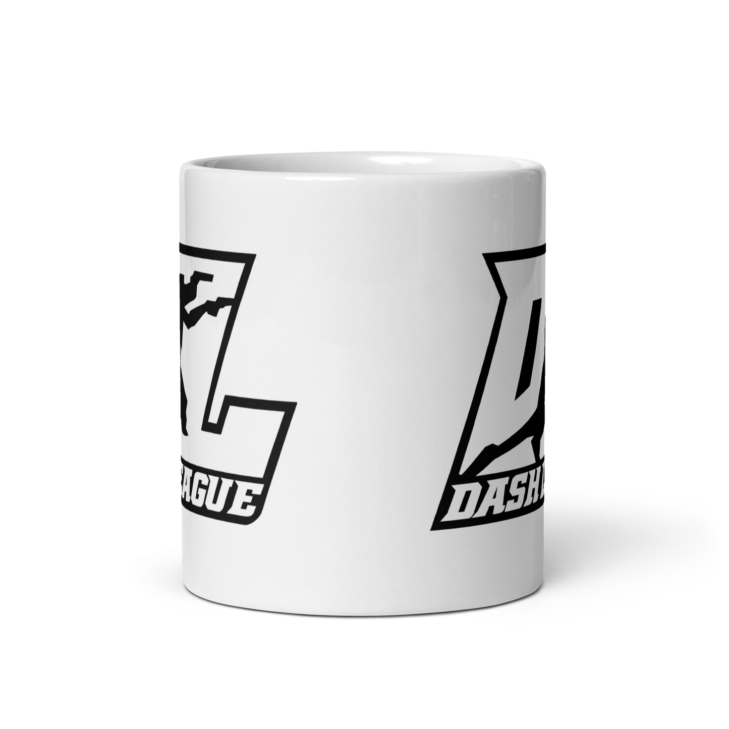 Taza blanca con logotipo DL de contorno negro