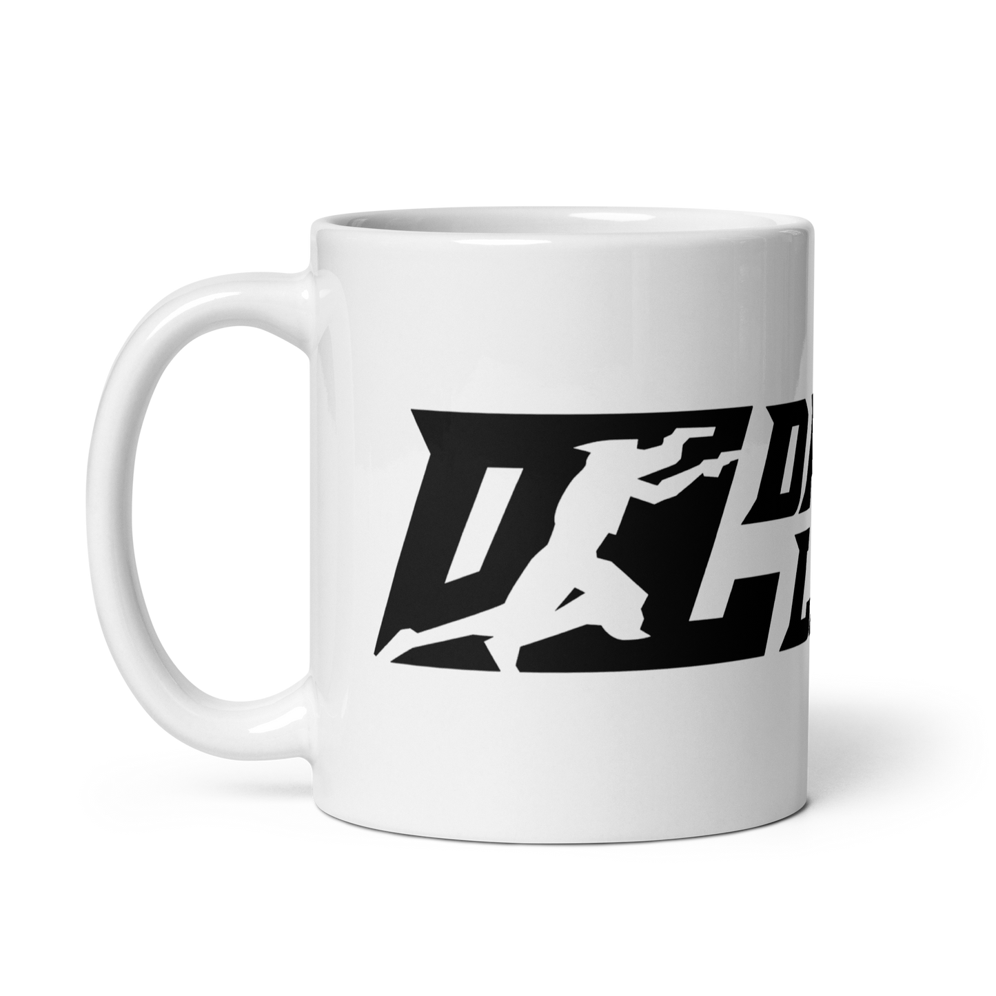 Taza blanca con logotipo DL ancho en negro