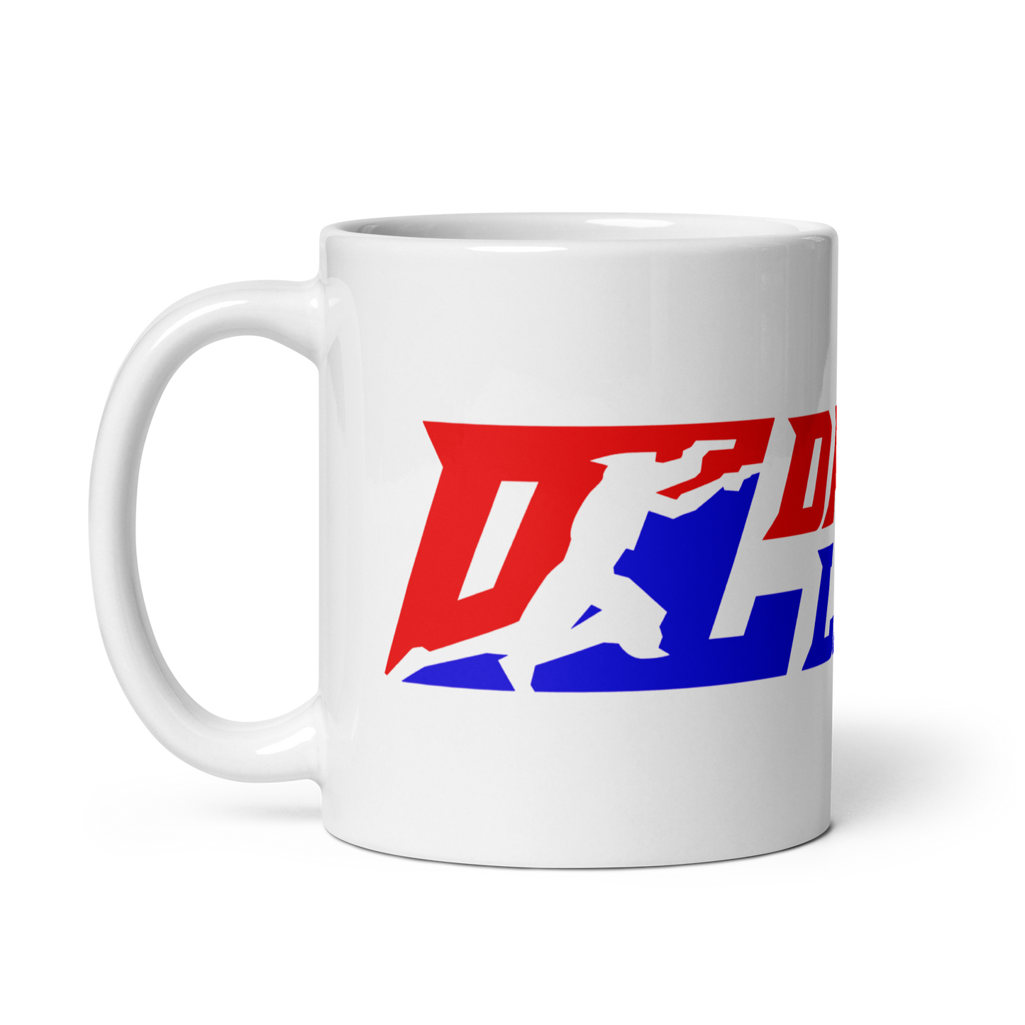 Taza blanca con logotipo DL de color ancho