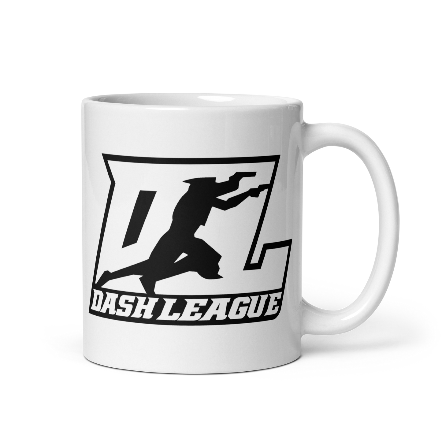 Taza blanca con logotipo DL de contorno negro