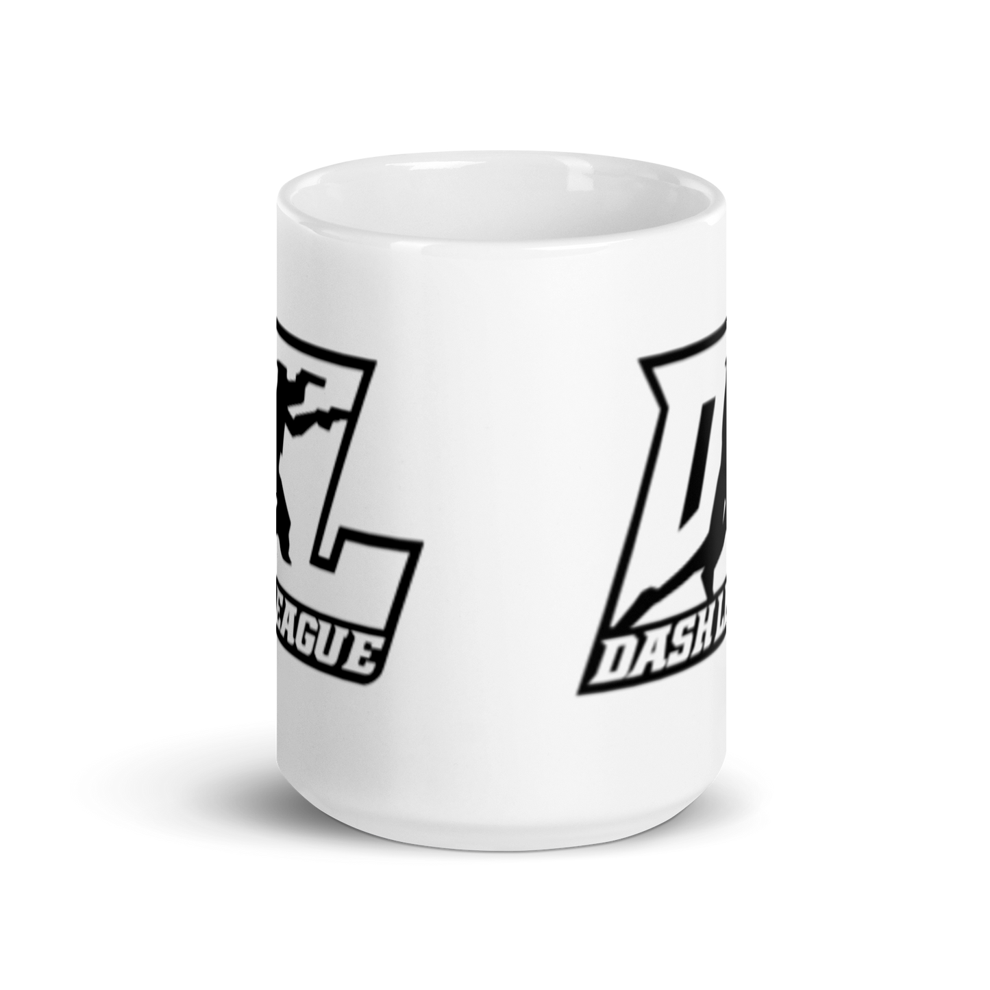 Taza blanca con logotipo DL de contorno negro