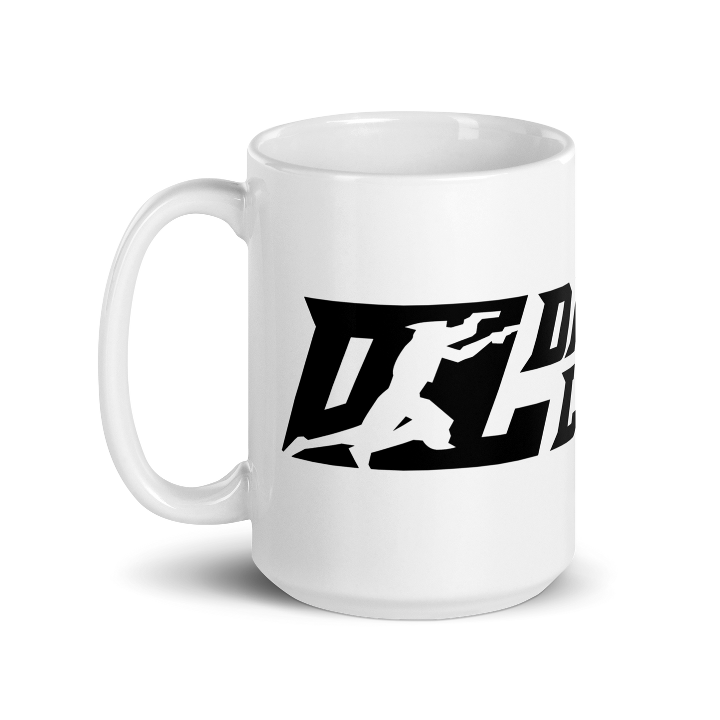 Taza blanca con logotipo DL ancho en negro