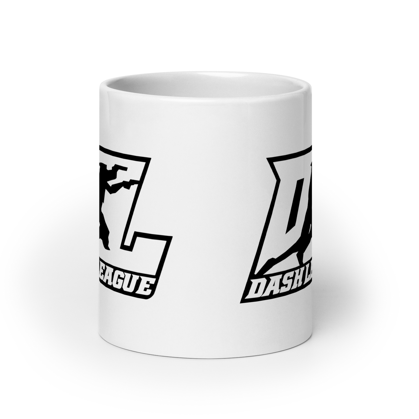 Taza blanca con logotipo DL de contorno negro