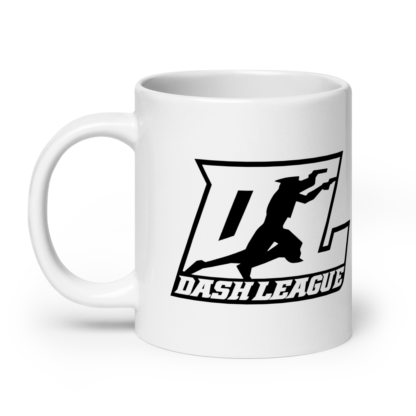 Taza blanca con logotipo DL de contorno negro