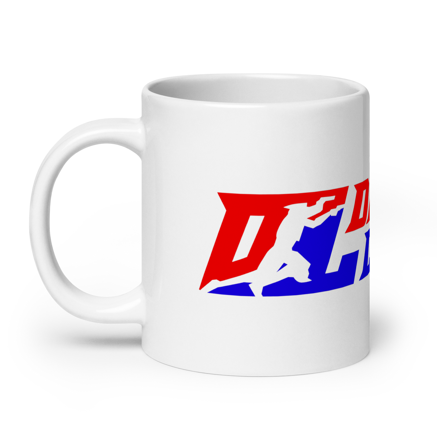 Taza blanca con logotipo DL de color ancho