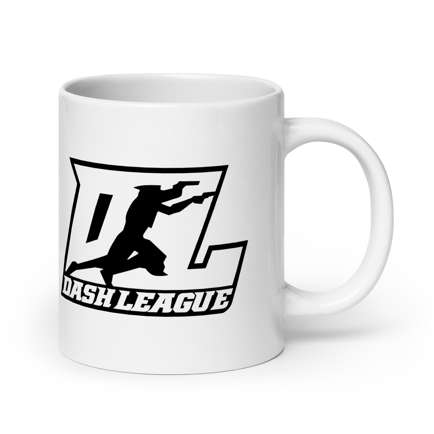 Taza blanca con logotipo DL de contorno negro