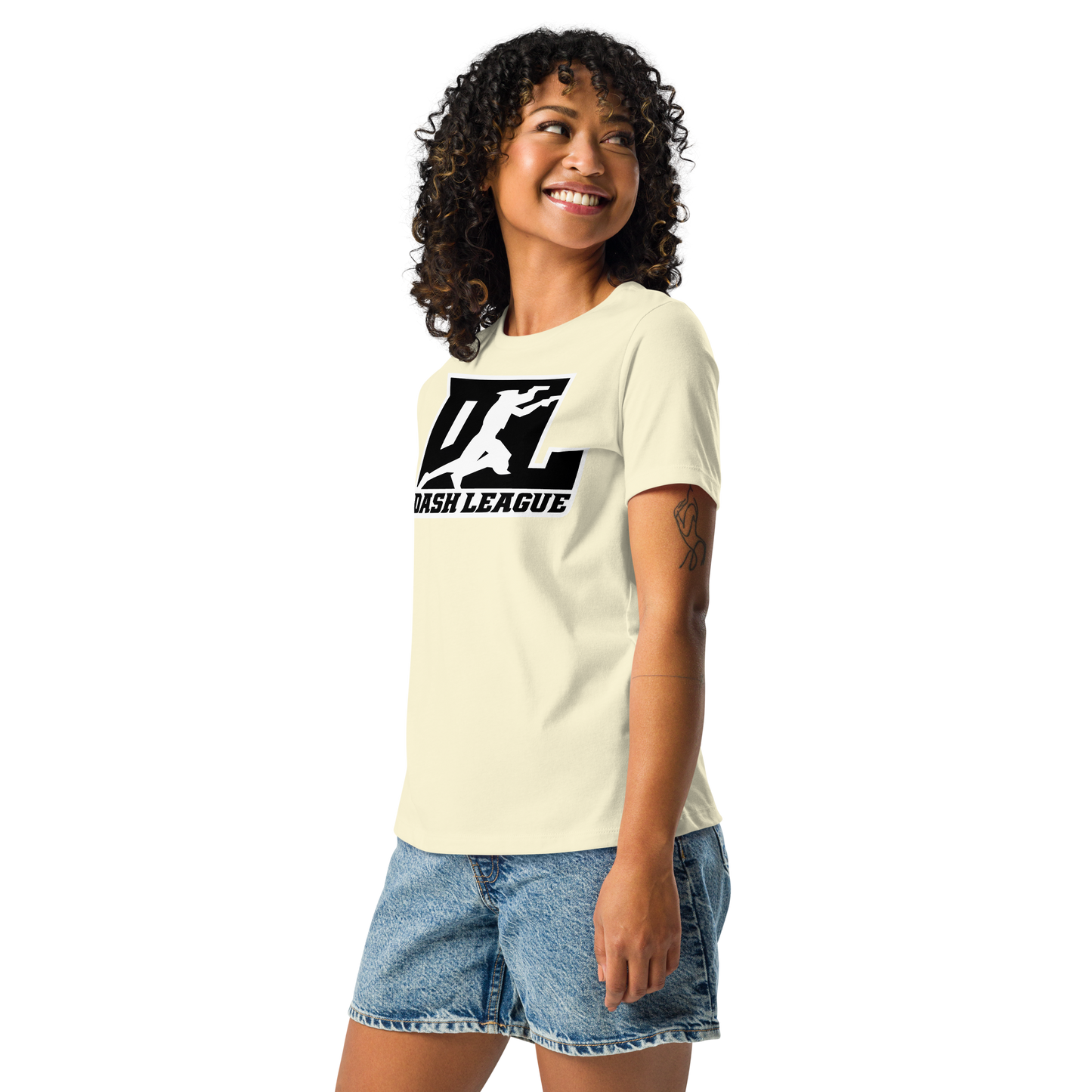 T-shirt décontracté pour femme noir avec logo DL à contour blanc (devant + dos)