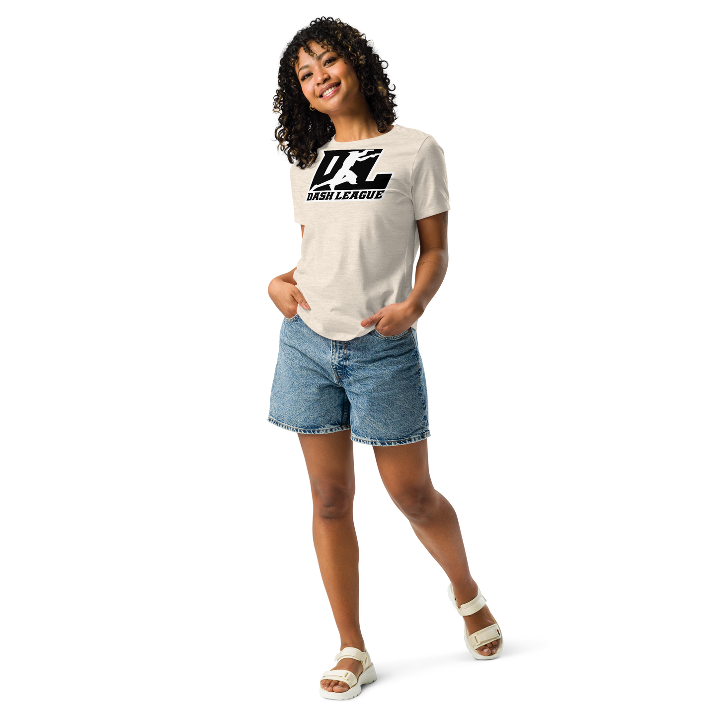 T-shirt décontracté pour femme noir avec logo DL à contour blanc (devant + dos)