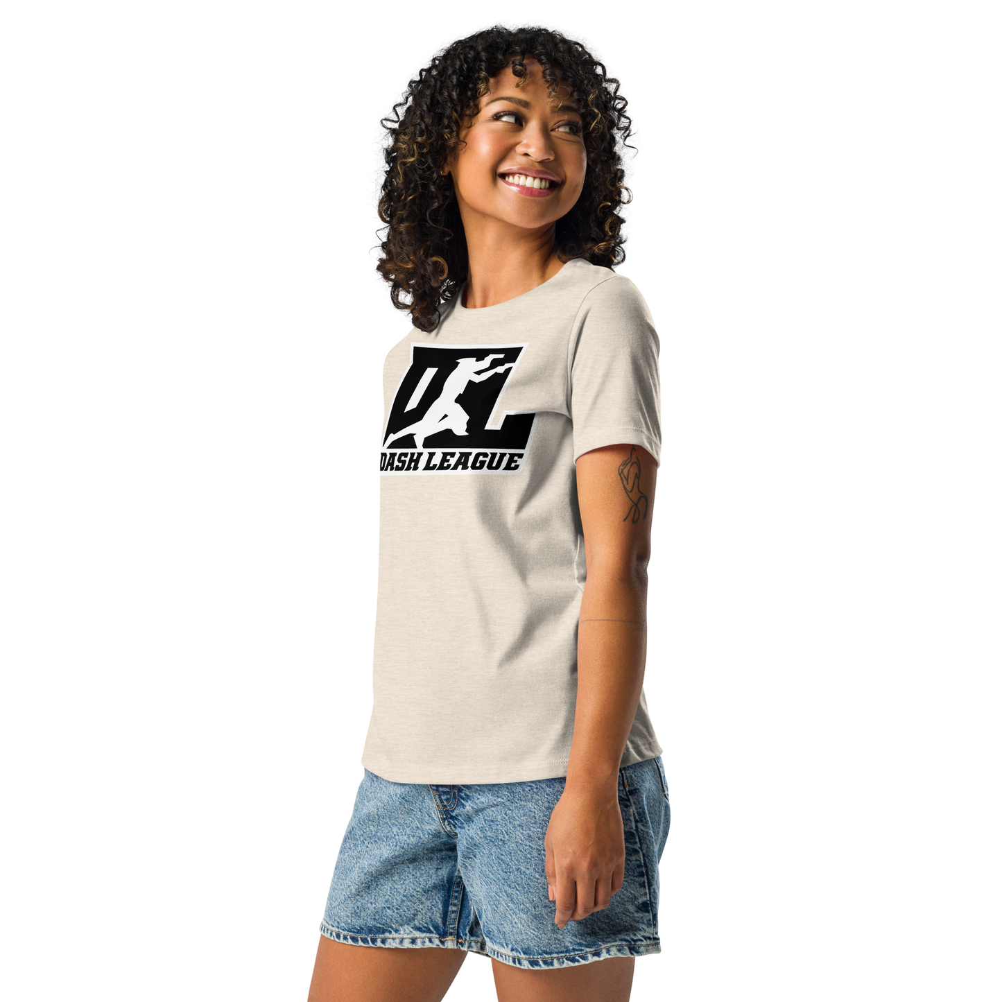 T-shirt décontracté pour femme noir avec logo DL à contour blanc (devant + dos)