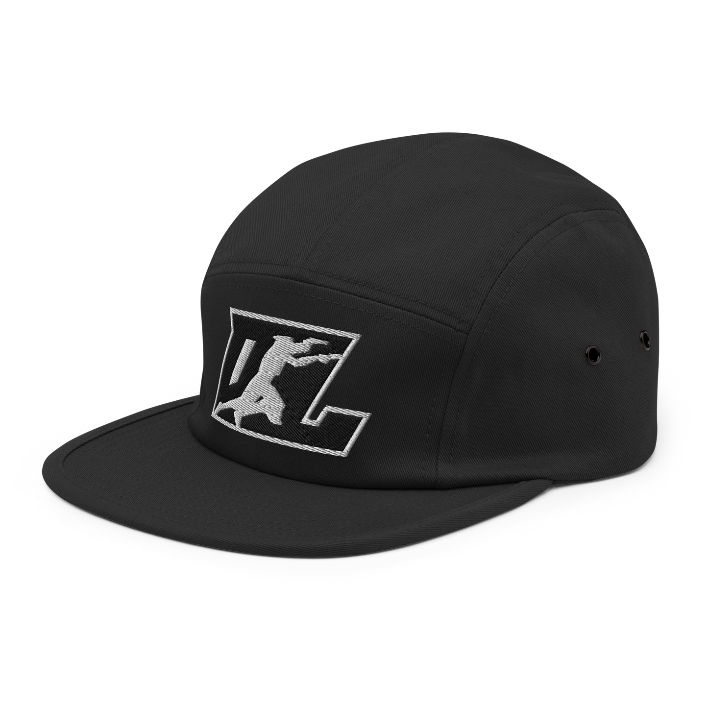 Five Panel Cap Black with White Outline DL Logo (Front+Back)