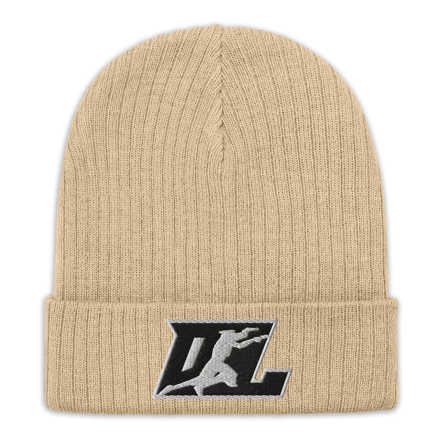 Ribbed Knit Beanie Black with White Outline DL Logo