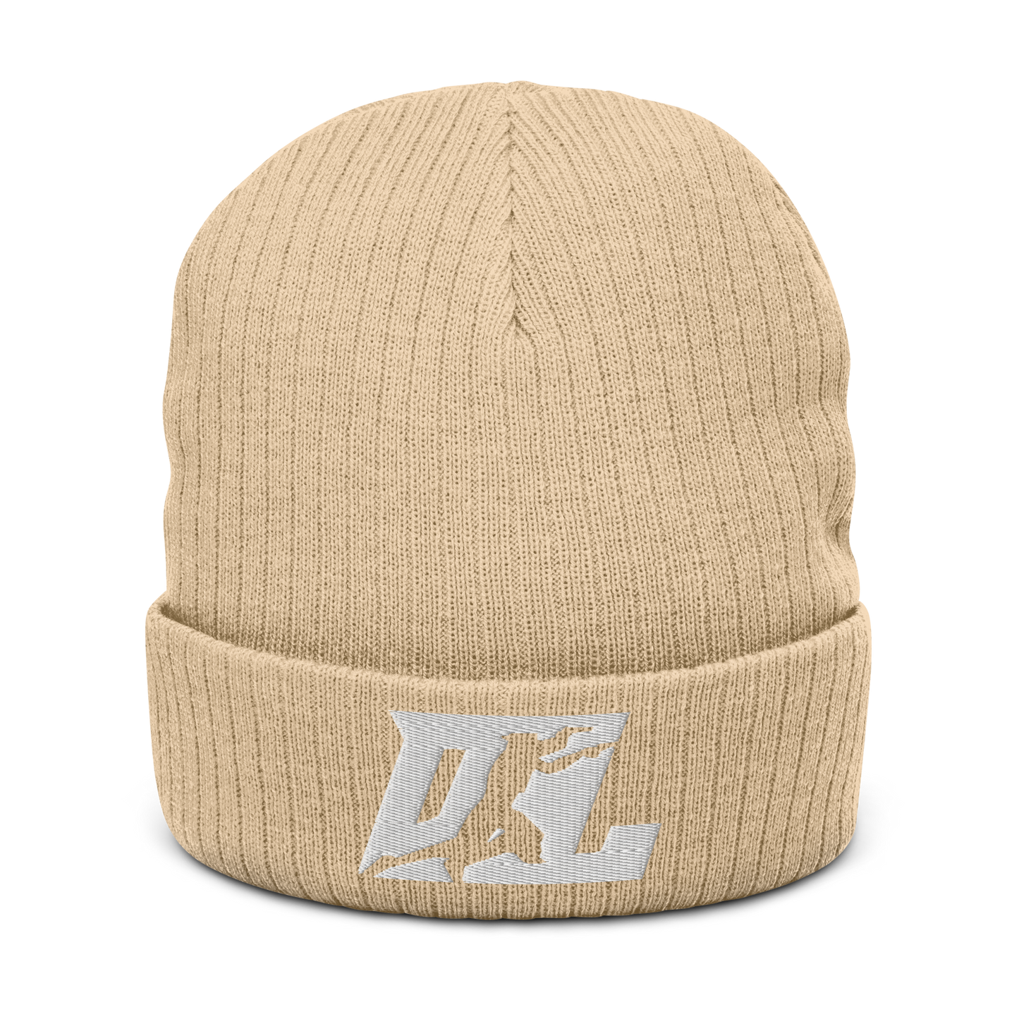 Ribbed Knit Beanie White DL Logo