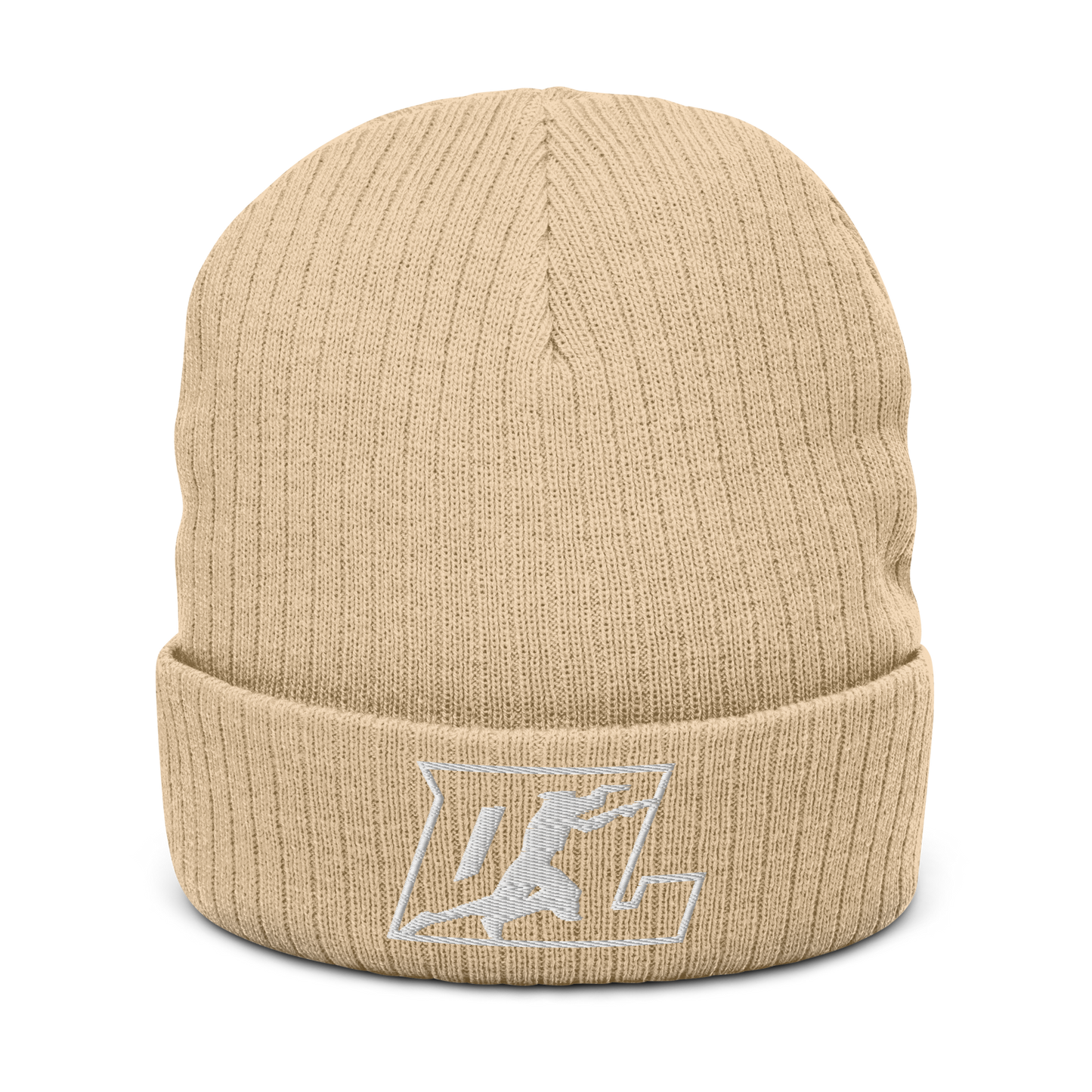 Ribbed Knit Beanie White Outline DL Logo