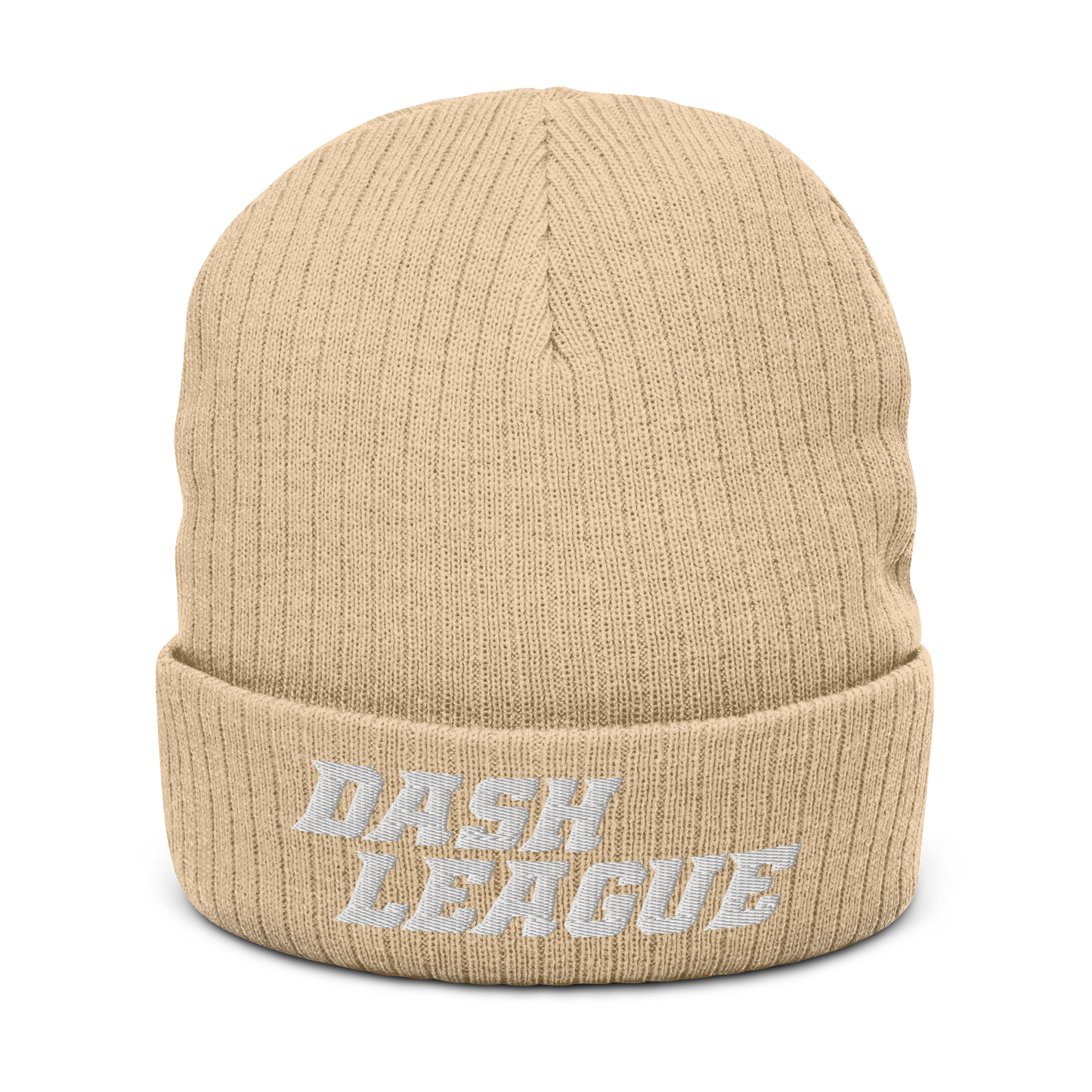 Ribbed Knit Beanie White Text DL Logo