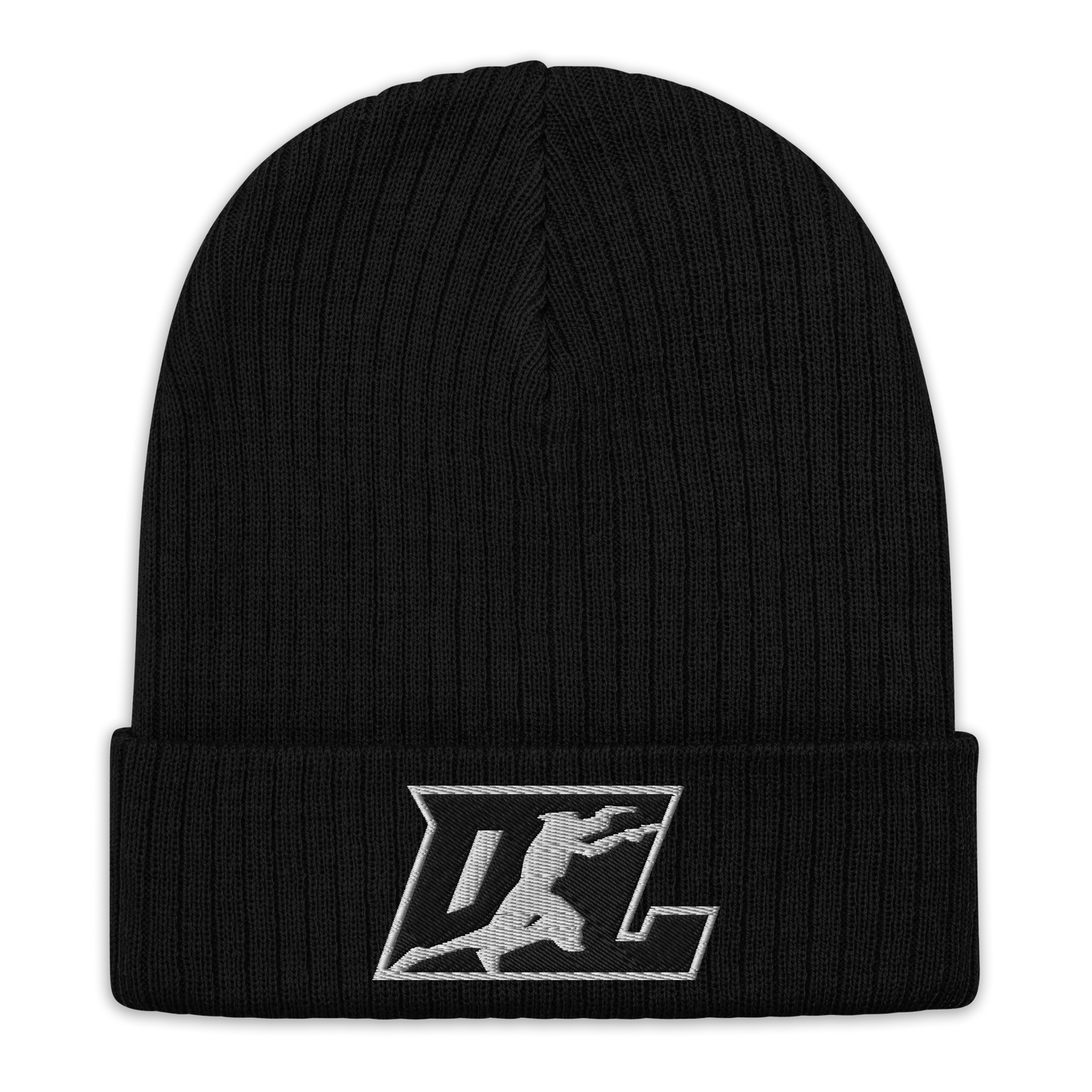 Ribbed Knit Beanie Black with White Outline DL Logo