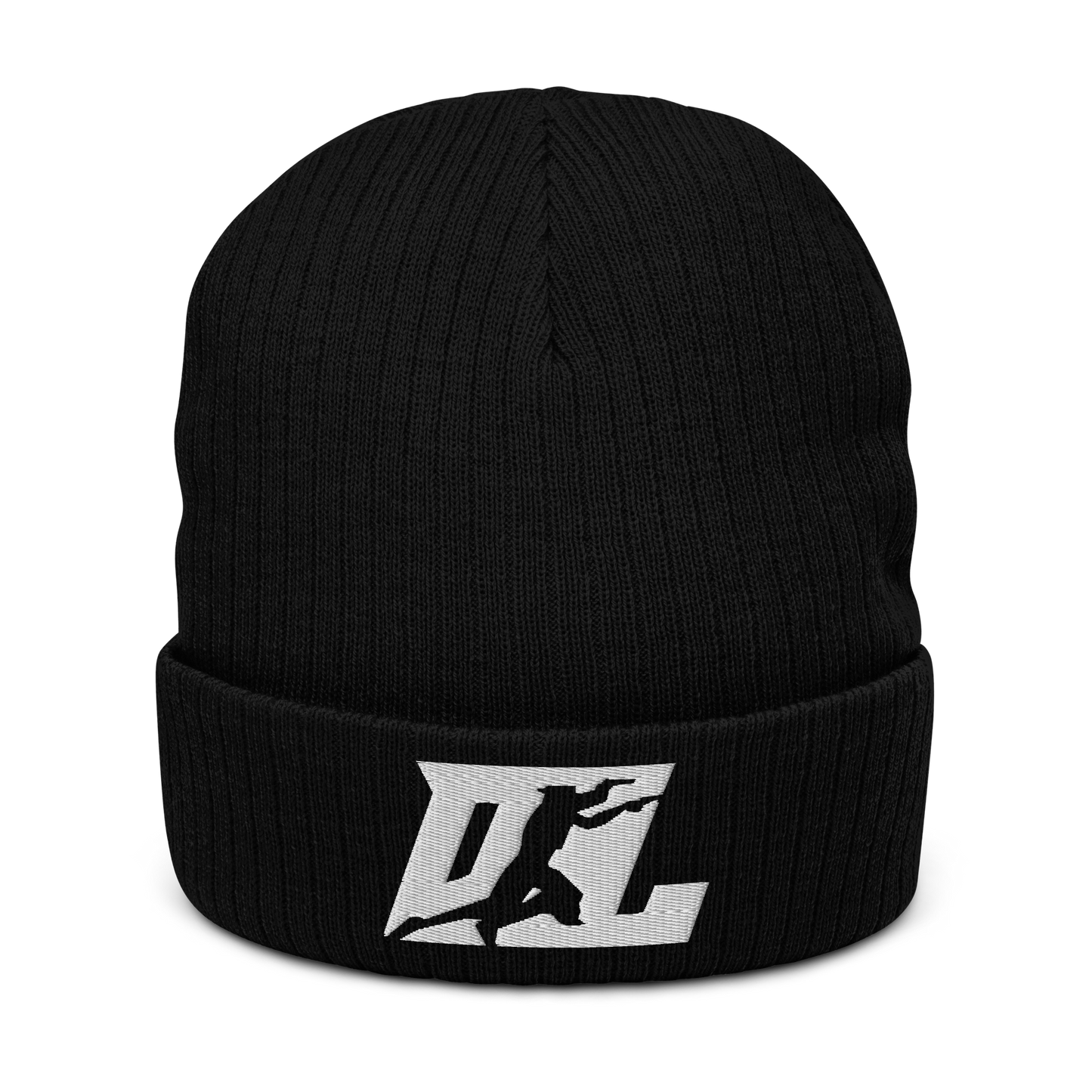 Ribbed Knit Beanie White DL Logo