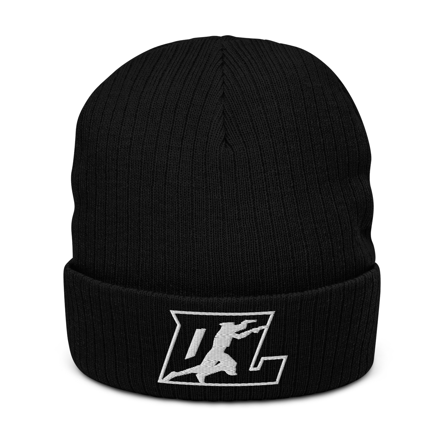 Ribbed Knit Beanie White Outline DL Logo