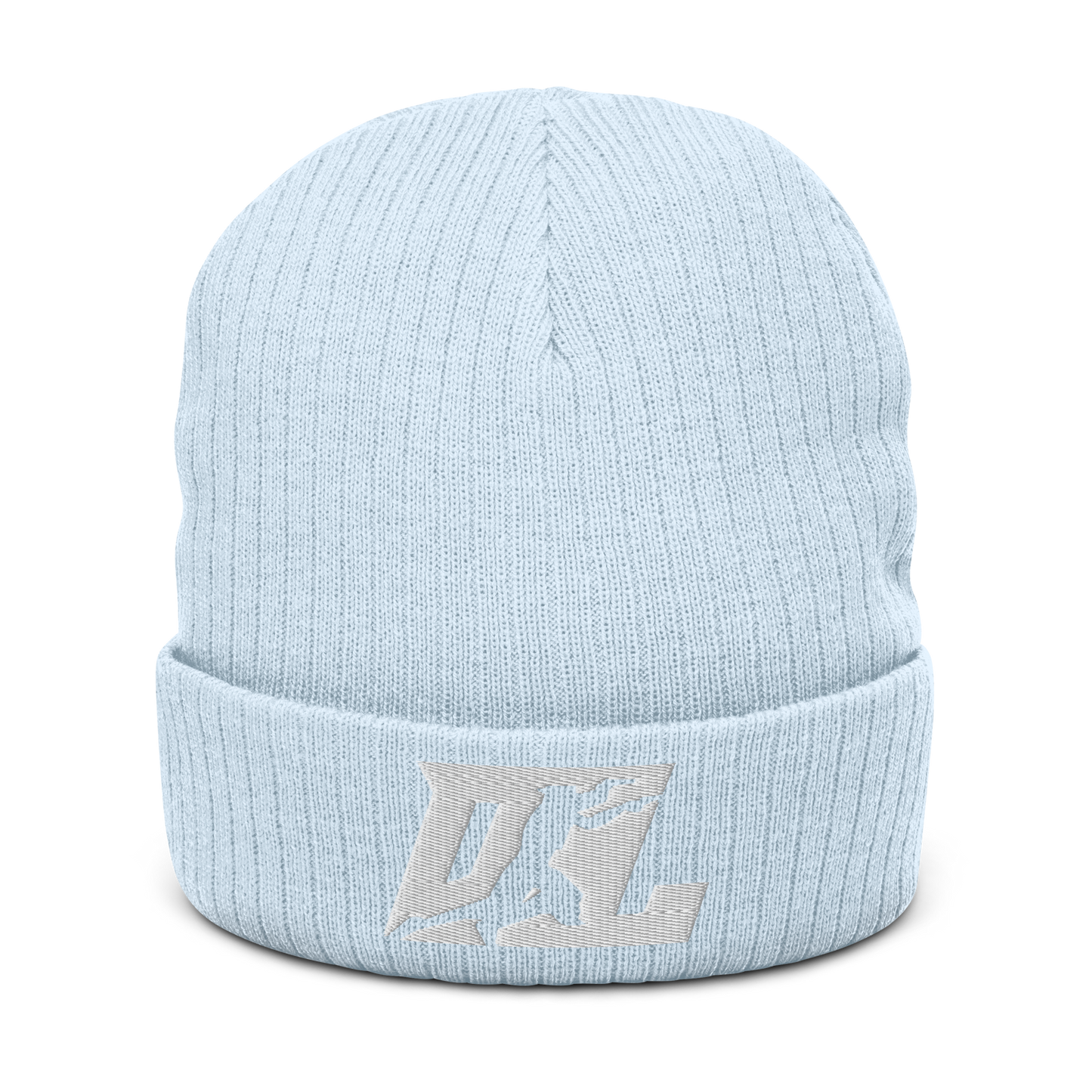 Ribbed Knit Beanie White DL Logo